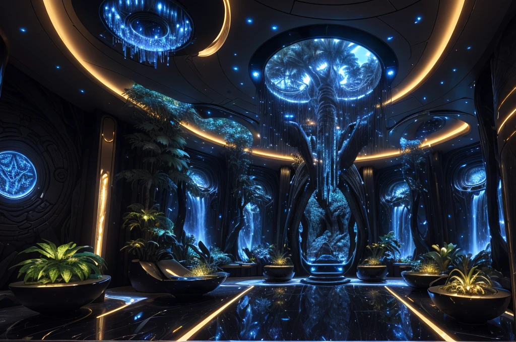incredible Na'vi-inspired luxurious futuristic spaceship interior in Ancient Egyptian style with many ((lush plants)) (lotus flowers), ((palm trees)), rocky walls, (sand), ((waterfalls)) (marble), ((precious minerals)), ((metals)), (gemstones), crystals, clouds and ((water)), (hieroglyphics), ((trees and plants made out of gemstones and precious minerals and lights)), crocodiles, (((ultra luxury))), (black marble) – with ((beautiful lights)), Unreal Engine, HQ, 16k