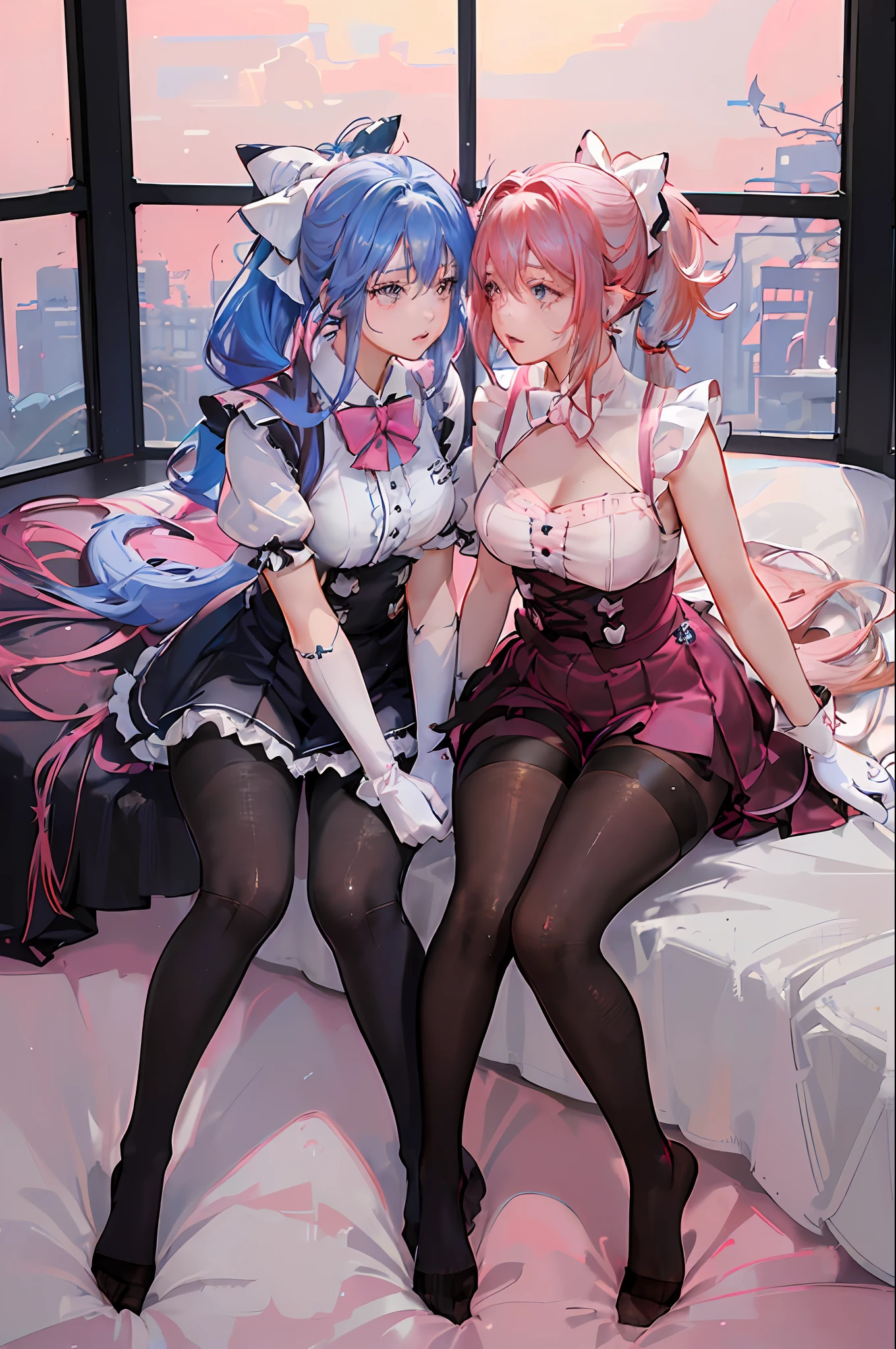 (((2 girls)), ray tracing, (dim light), [detailedbackground (bedroom))), ((pink red hair))), ((blue hair)), HATSUNE MIKU ((((((girl with blue hair, plump and slim)) with a twin ponytail))), ((((((girl with shaggy pink red hair, plump and slim)) with a ponytail))) avoid their golden eyes in the ominous bedroom (((the girls wear intricate embroidered black high-waisted pants with pantyhose and white ruffled bow gloves)) , because the girls sit together and touch each other very closely to show off their delicate slim figure and beautiful curves, correct limbs