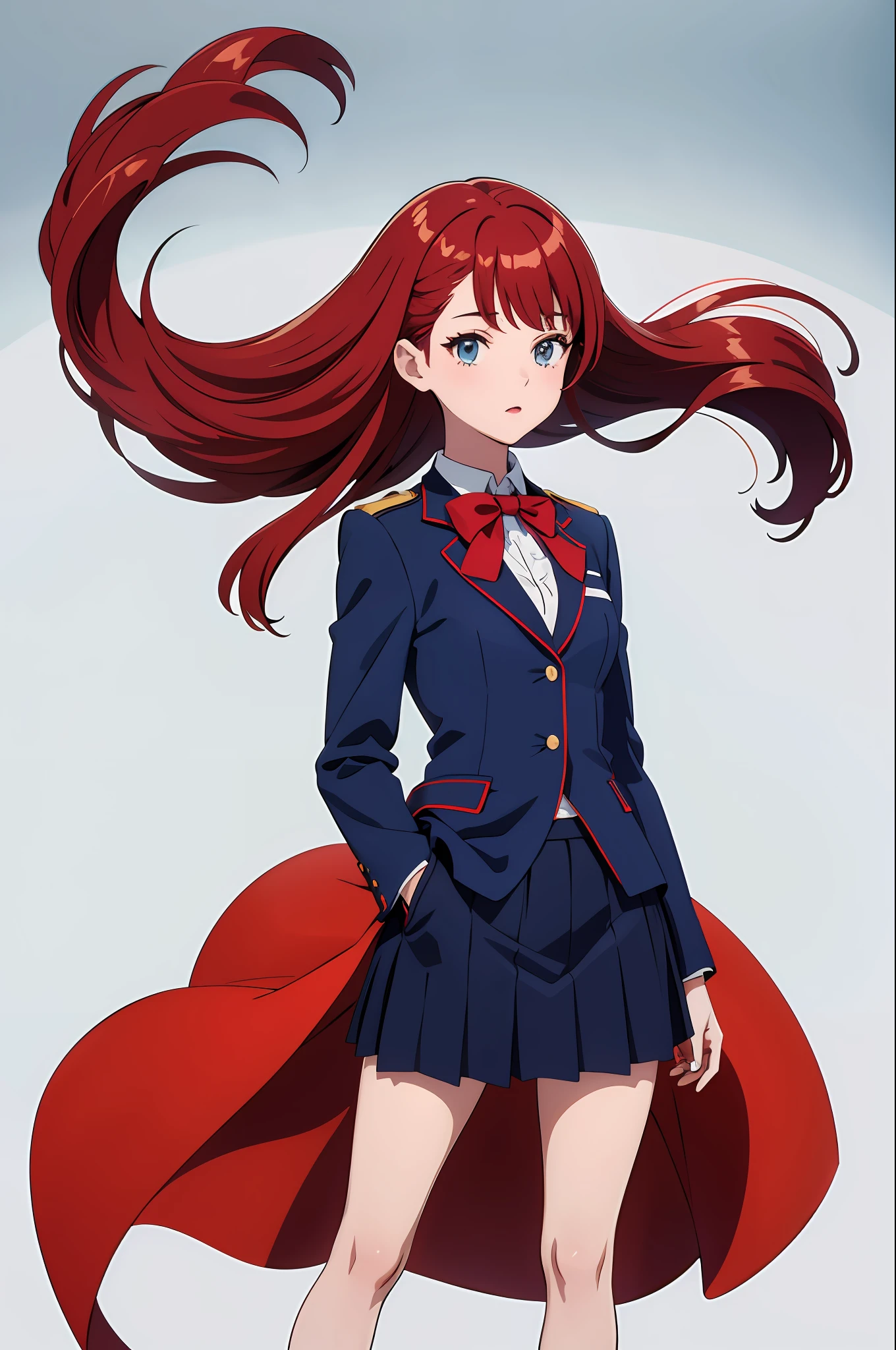 masterpiece, Best quality, One girl, standing, Full body, Soft, Super clear, High definition images, (front), (white background)), Middle chest, Red hair, (medium hair), Dark blue uniform blazer, Skirt, Strong,beautiful, fun