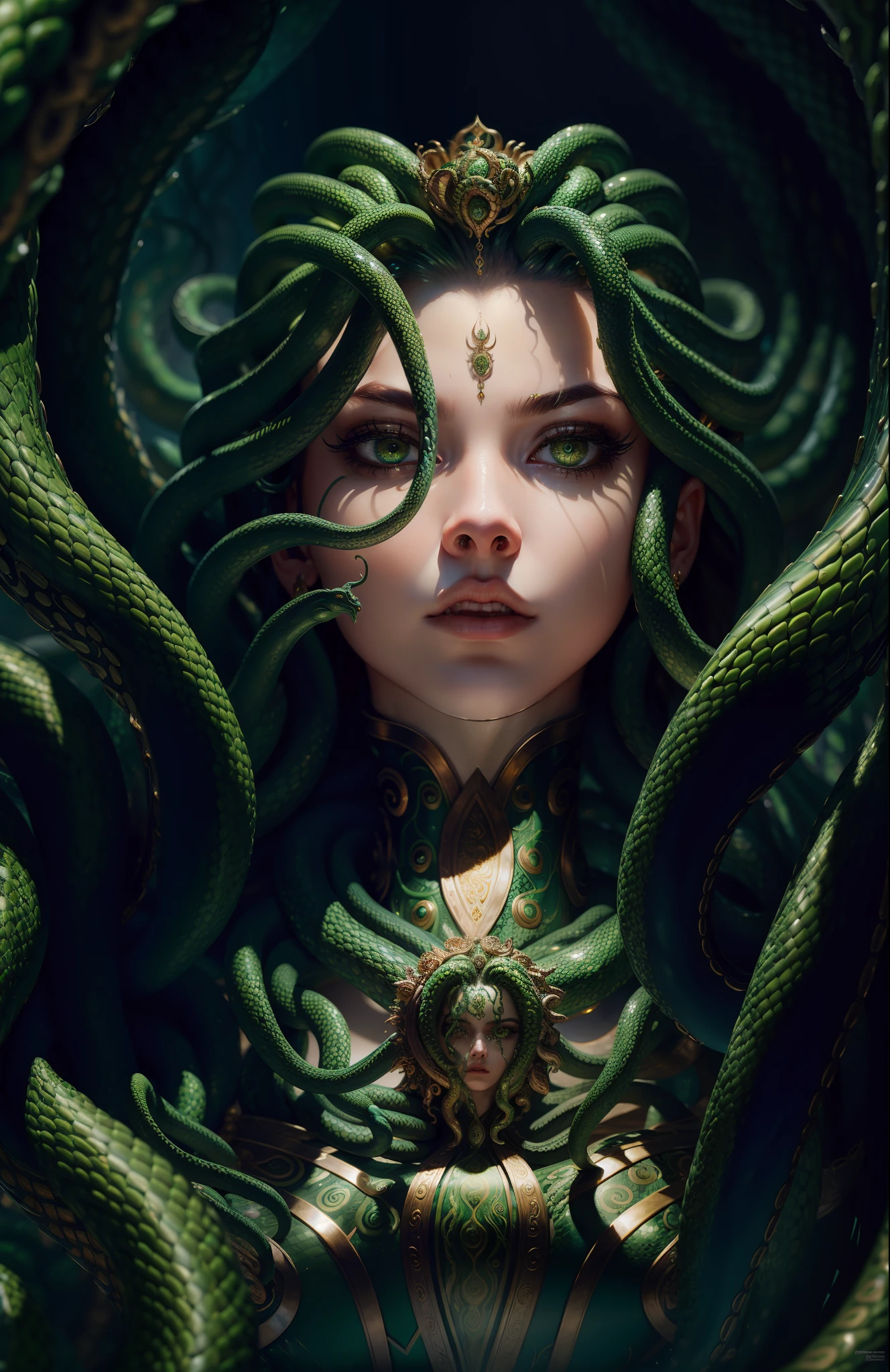 ((best quality)), ((masterpiece)), ((realistic)), Medusa, full body, the hair is composed of countless small snakes, green eyes, female face, metal carved top, royal aura, trend on artstation , sharp focus, studio photo, intricate detail, very detailed, detailed eye, illustration, very detailed, sharp focus, digital render, professional, 4k