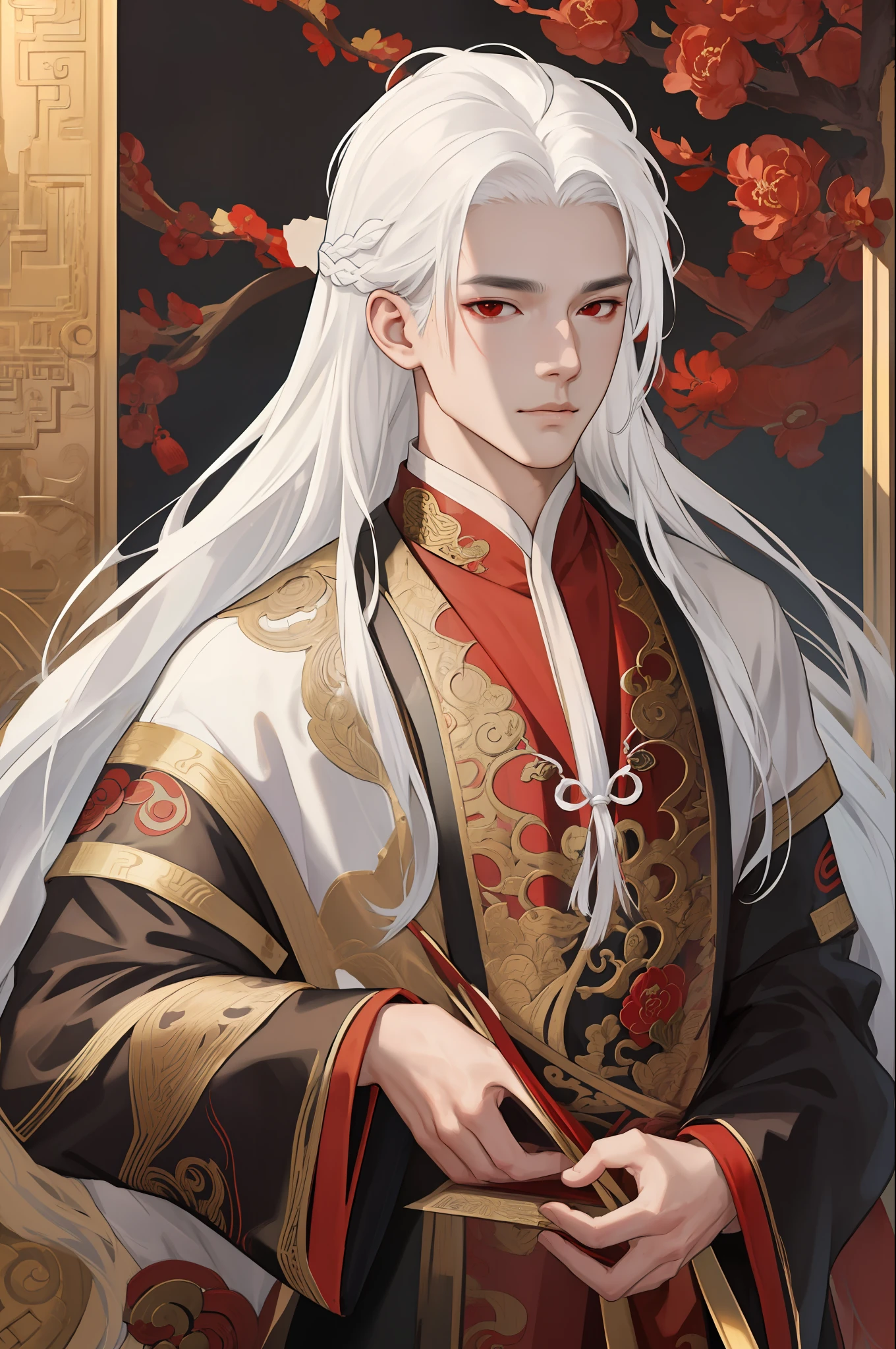 nsfw, masterpiece, best quality, ultra-detailed, semi-realistic, detailed facial features, 1boy, white hair, long hair, red eyes, wearing a detailed and intricate xianxia ancient clothes