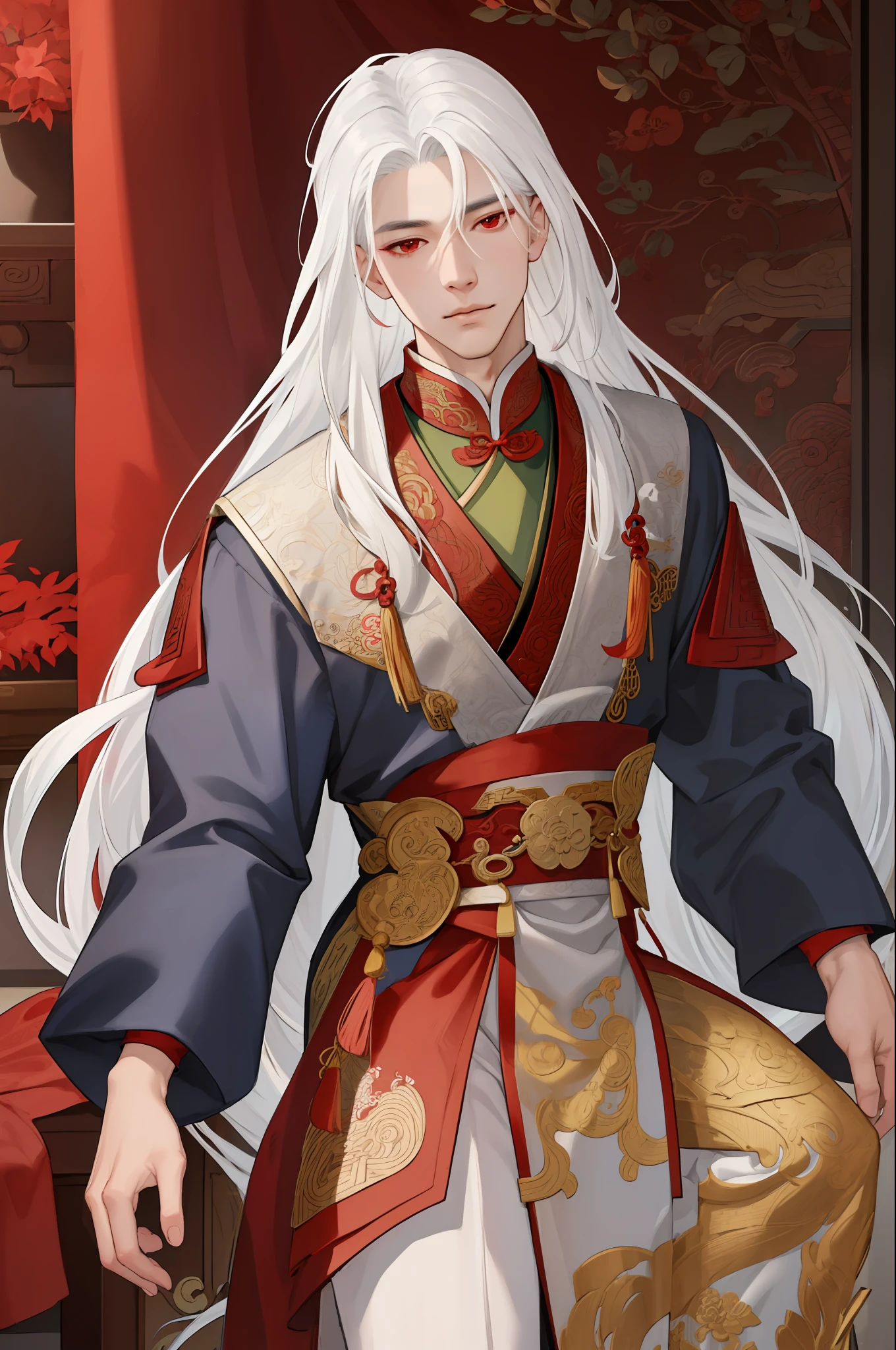 nsfw, masterpiece, best quality, ultra-detailed, semi-realistic, detailed facial features, 1boy, white hair, long hair, red eyes, wearing a detailed and intricate xianxia ancient clothes