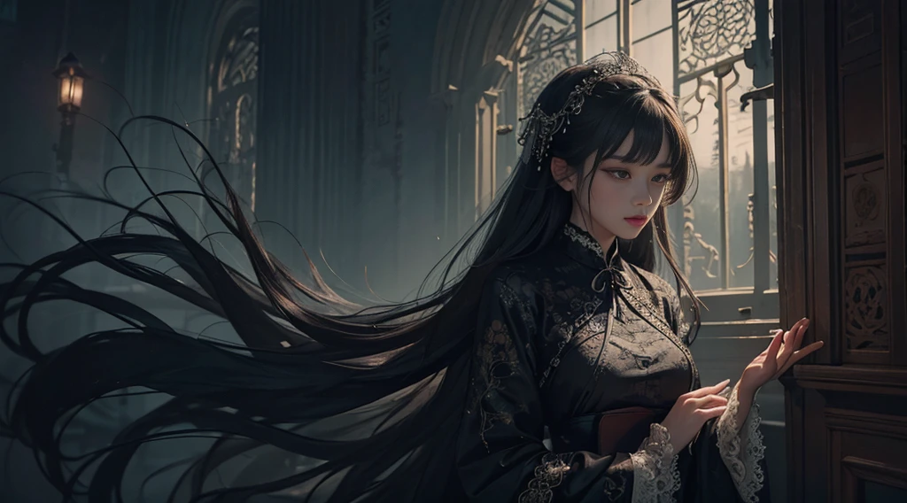 Official Art, Unity 8k wallpaper, super detailed, beautiful, beautiful, masterpiece, best quality,
dark, atmospheric, mystical, romantic, creepy, literature, art, fashion, showa era, decoration, intricate, fur products, lace, contemplation, emotional depth, supernatural, cheongsam
1 girl, solo, neck, bust composition