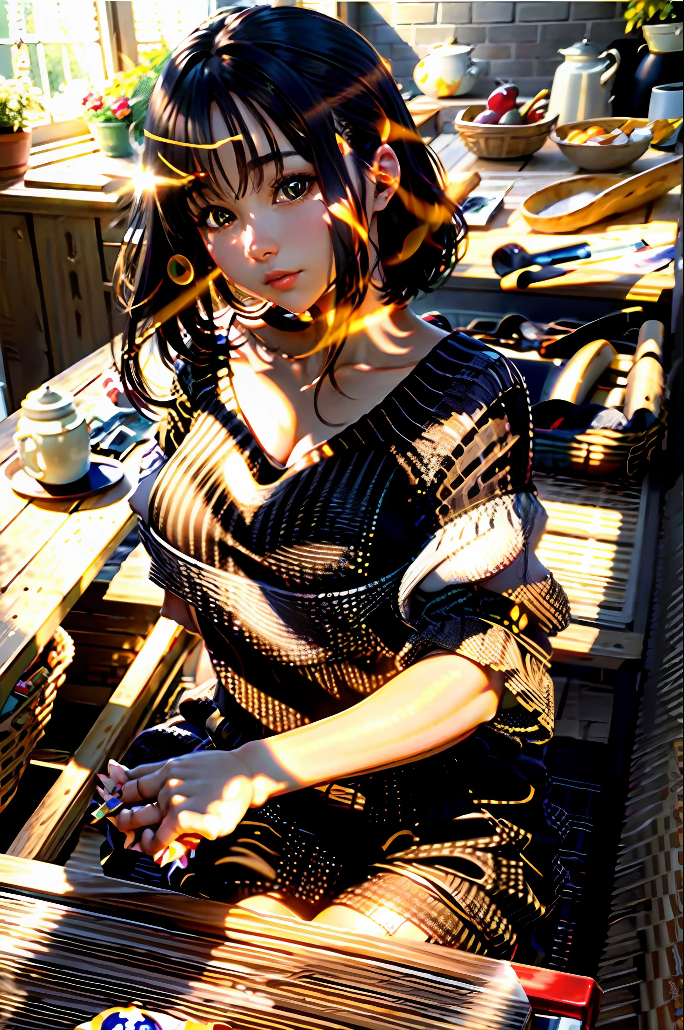 best quality, masterpiece, girl, Dark hair, dark eyes, home, sun shining, shiny skin, sun flare