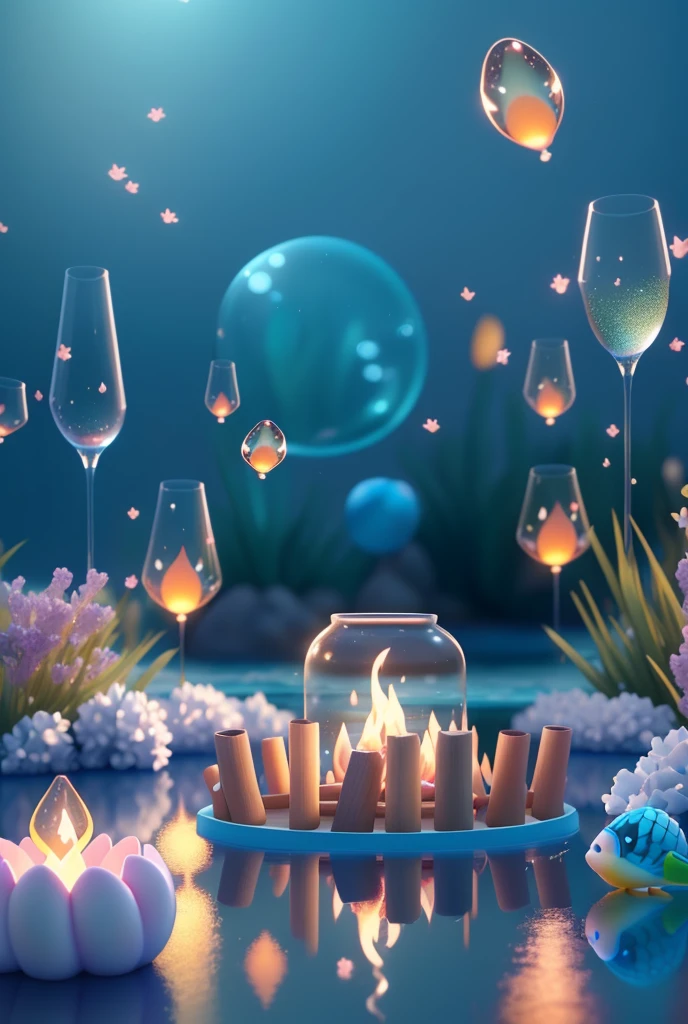 Masterpiece, (Clean Glass, Gloss :1.2, (Transparent :1.1), Gloss)), best
Quality, (Pixar Style :1.4), (On a sea surface, at night, around the glow
Fish, dancing fireflies, campfires), (super detail, aesthetics, beautiful composition, rich and bright colors, soft volume light).
4k, reflection in water, water ripples, inspired by Alice in Wonderland, magic, fairy tales. Unreal Engine, Octane rendering, cute rendering, 3d rendering, Adobe Photoshop, awesome, beautiful