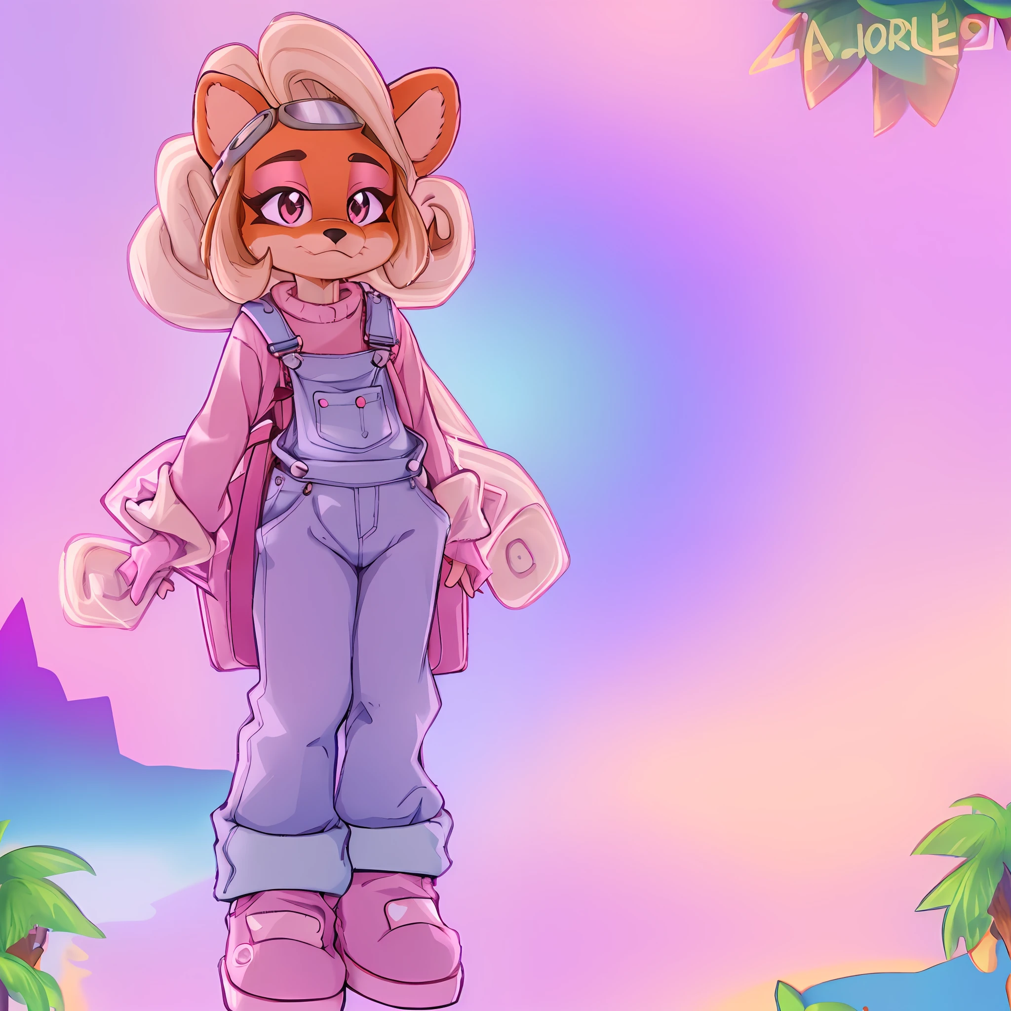 coco, furry, high res, layered fur, cute, overalls, White shirt, pink shoes, holding pink laptop on hip, looking at viewer, forest background,