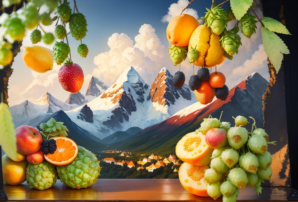 Snow Mountain, (((hops on background), (various fruits scattered irregularly), tropical fruits, mangoes, pineapples, oranges, pears, lychees, berries)), oil painting H 768, smooth oil painting, landscape oil painting, high quality oil painting, majestic painting, nature painting, landscape painting, professional oil painting, oil on canvas, classic oil painting, glazed oil painting, high quality oil painting, majestic landscape, luminous oil painting - V6
