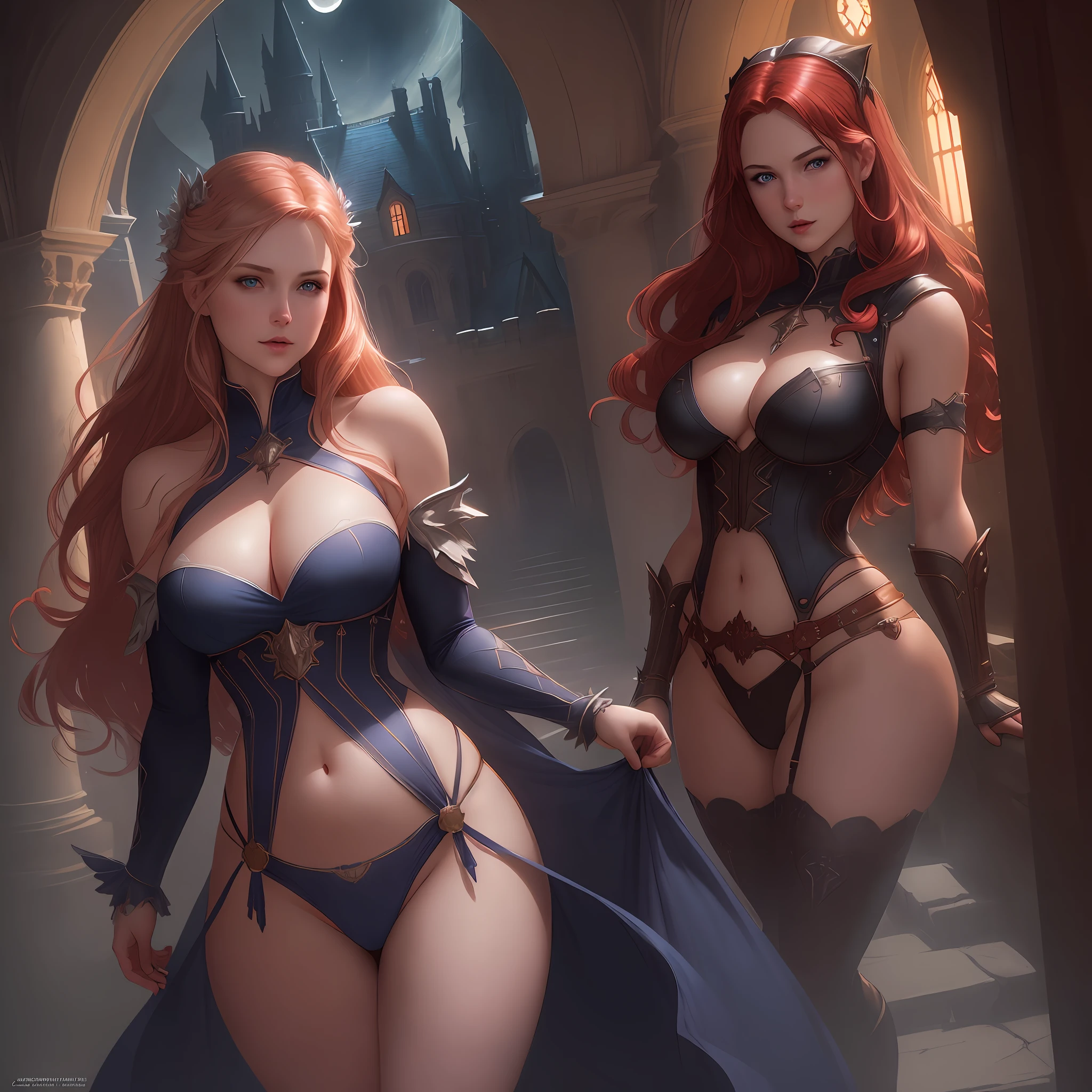 masterpiece, highest quality, solo focus, (perfect face: 1.1), (high detail: 1.1), dramatic and dynamic pose, 1 girl, breasts, blond hair, blue eyes, solo, cleavage, long hair, curves, big breasts, see -through, thighs, navel covered, bare shoulders, wide hips, thick thighs, lips, covered, pelvic curtain, castle, night, moon, detailed background, art by artgerm and greg rutkowski, cinematographic lighting, vampire, catlevania, red hair, medium shot, light ray, thong, cameltoe, tight small