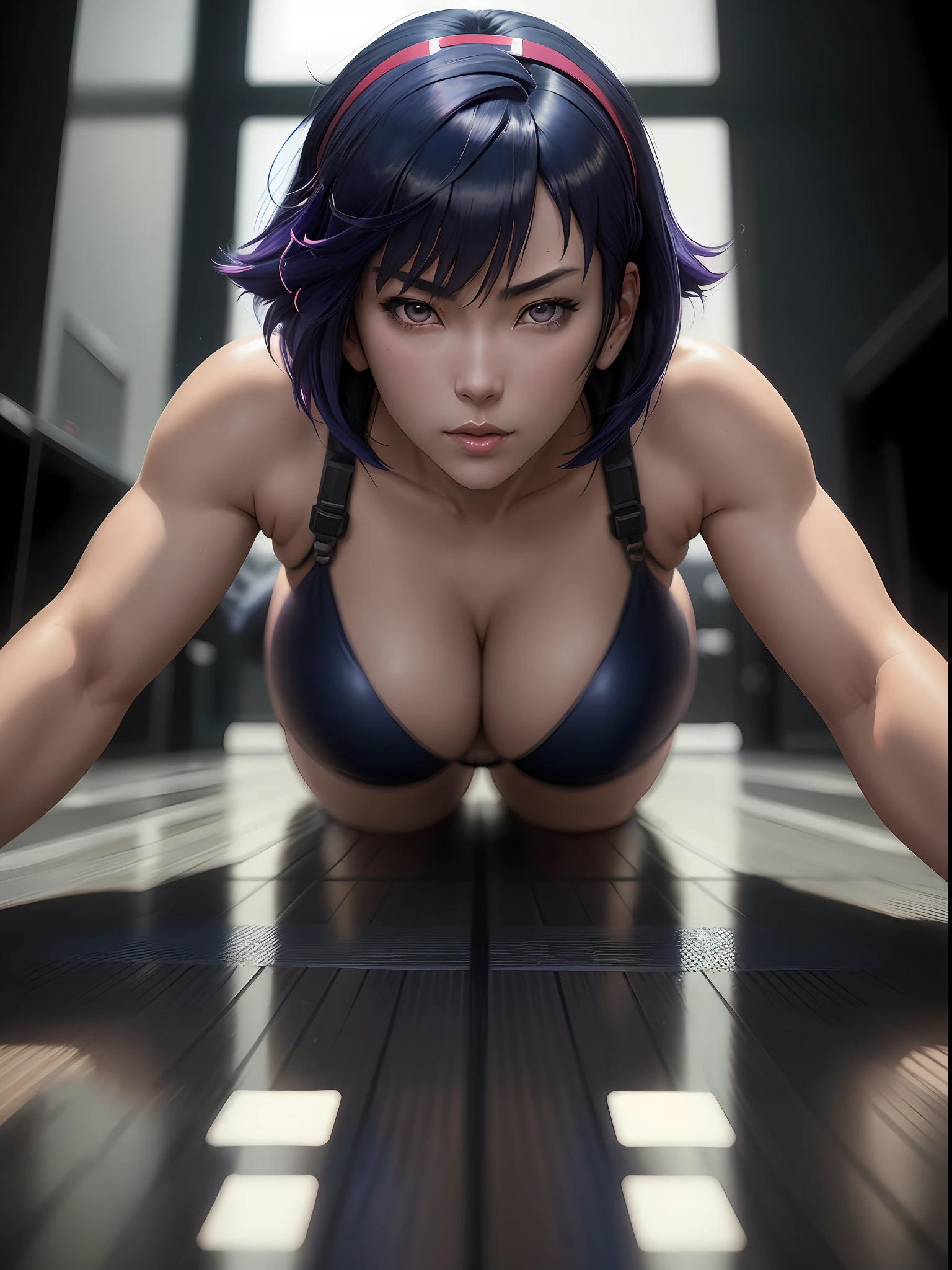 Motoko Kusanagi from anime Ghost in the Shell, inverted bob hair, dark blue hair, ponytail, :3, cat ear headband, bikini, intricate detail, depth of field, cinematic lighting, backlighting, (masterpiece), (high details), award winning, high quality, best quality, 8k, crawling on the floor, floor, looking at the viewer
