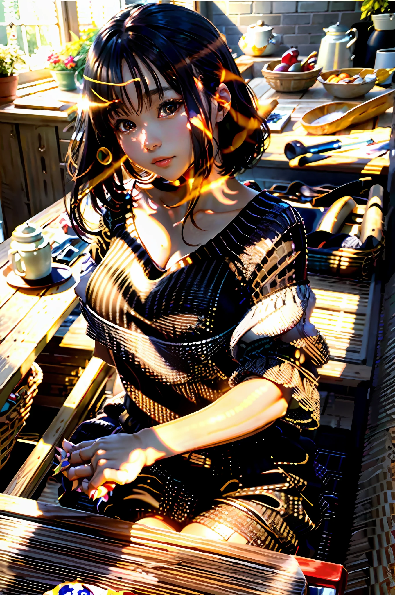 best quality, masterpiece, girl, dark hair, dark eyes, home, shiny skin,