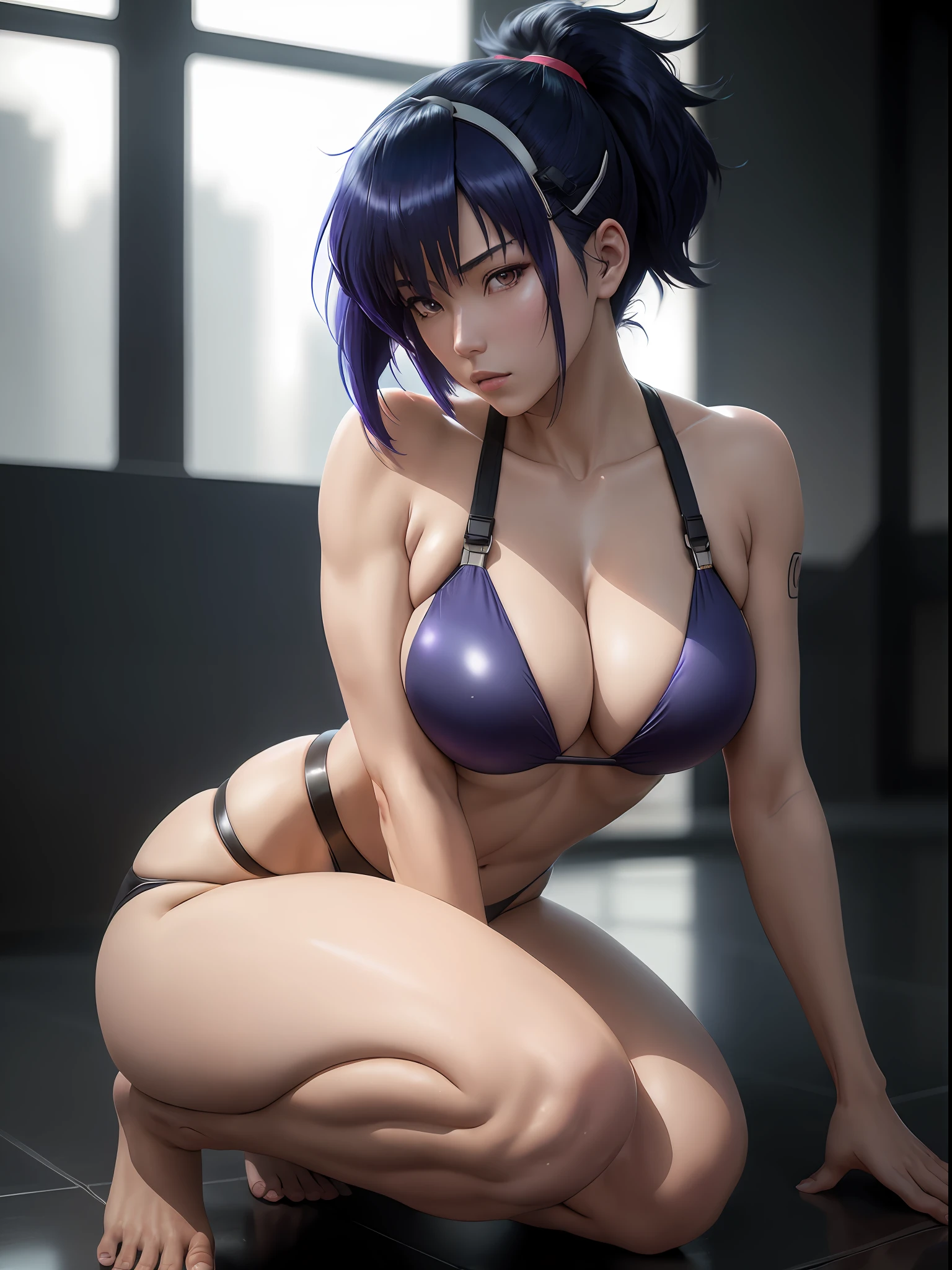 Motoko Kusanagi from anime Ghost in the Shell, inverted bob hair, dark blue hair, ponytail, :3, cat ear headband, bikini, intricate detail, depth of field, cinematic lighting, backlighting, (masterpiece), (high details), award winning, high quality, best quality, 8k, crawling on the floor, floor, looking at the viewer
