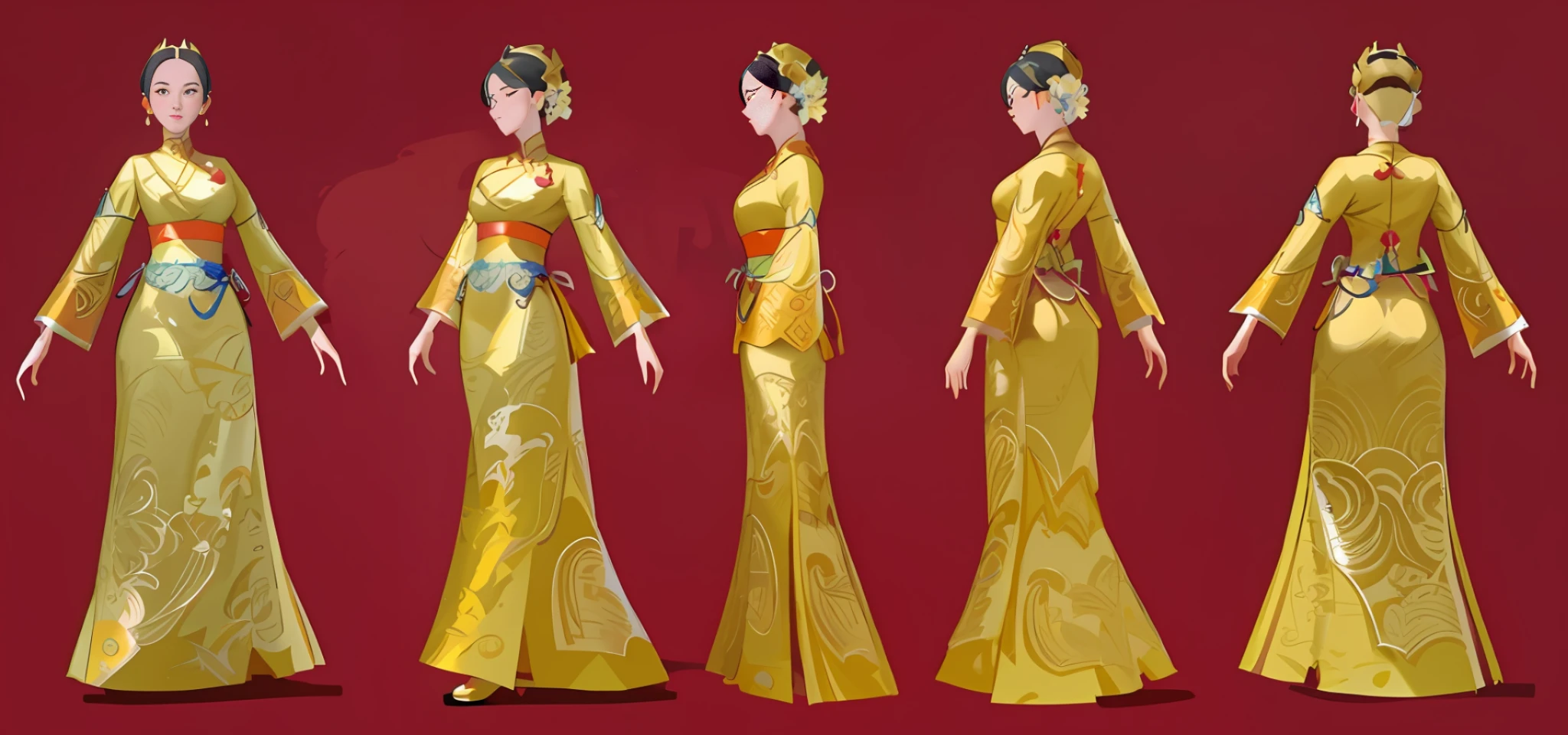 Close-up of a woman in a yellow dress, character setting drawing of the same character, very detailed and rich costumes, Chinese costumes, highly detailed character design, cartoon concept art, character design, professional character design, character design concept art, concept art design illustration, colorful concept art, character concept art, stylized character design, [ Character Design ]