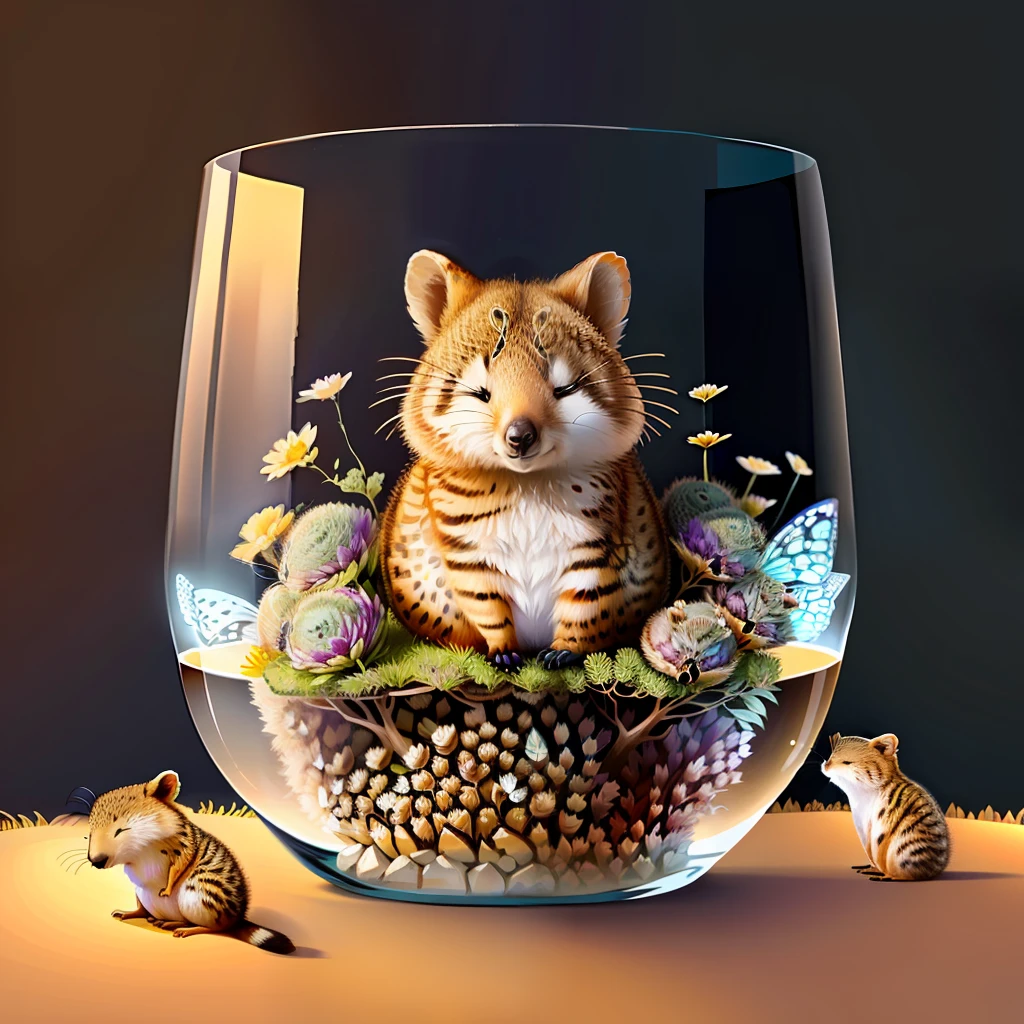 realistic sleeping quokka on a glass anthill, butterflies,