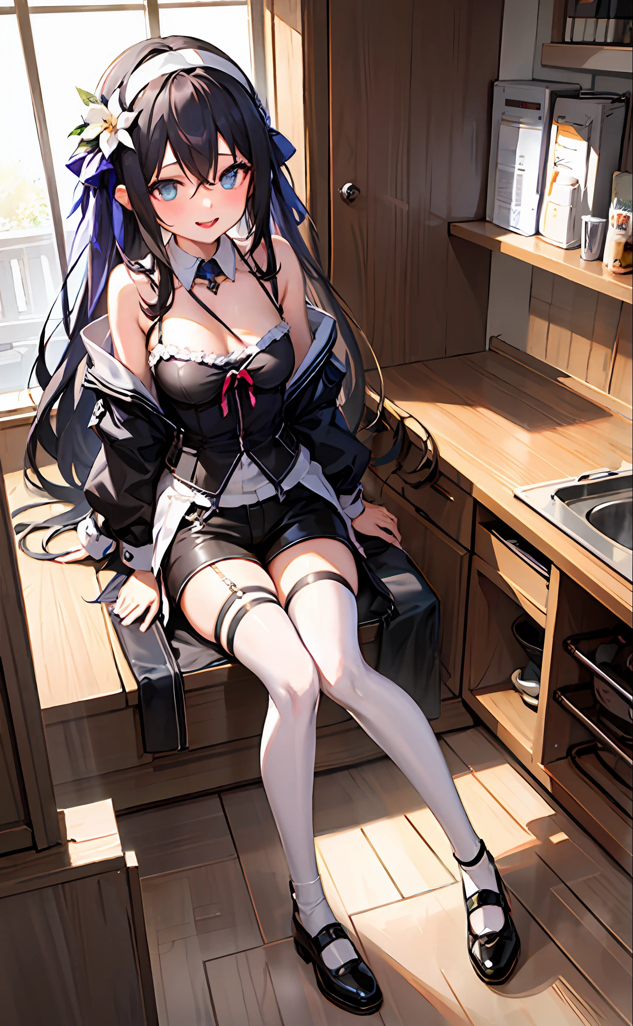 Masterpiece, best quality, 1 girl, alternating hair length, ridiculously long hair, brunette, ahoge, bow, aqua eyes, seductive smile, tongue, dark eyes, long eyelashes, large breasts, moles on breasts, tank top, shorts, black stockings, leg straps, shoes, pendants, headbands, flower ribbons, headbands, hairpins, hair_ribbon, hair_flower,