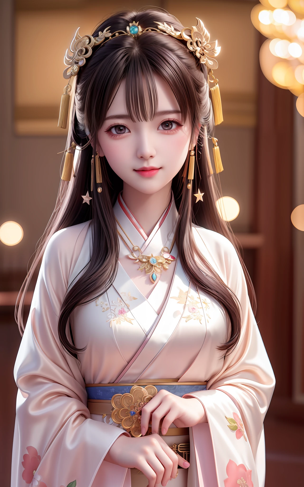 best quality, masterpiece, highres, 1girl,blush,(seductive smile:0.8),star-shaped pupils,china hanfu,hair ornament,necklace, jewelry,Beautiful face,upon_body, tyndall effect,photorealistic, dark studio, rim lighting, two tone lighting,(high detailed skin:1.2), 8k uhd, dslr, soft lighting, high quality, volumetric lighting, candid, Photograph, high resolution, 4k, 8k, Bokeh