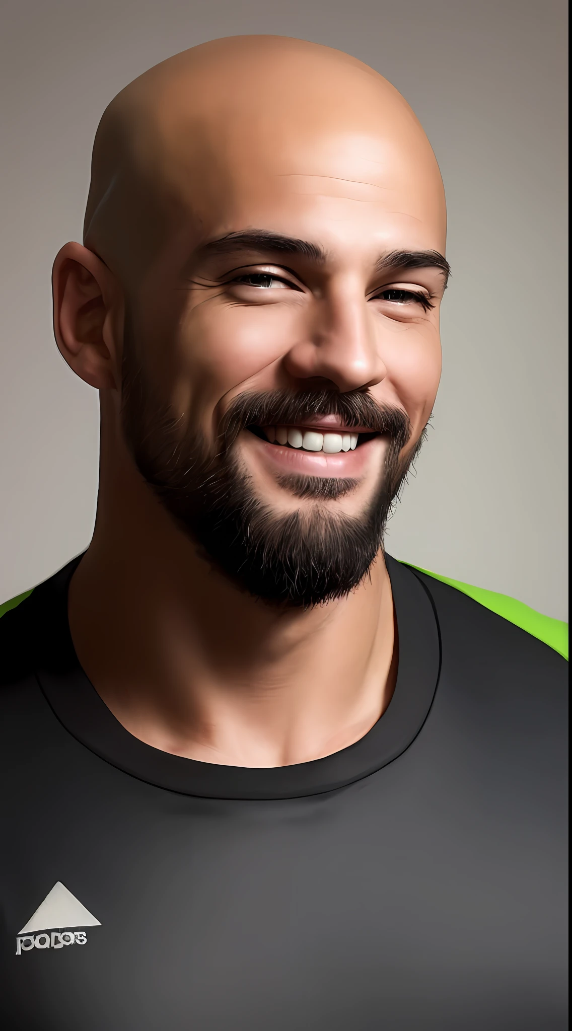 Best quality, realistic, award-winning illustration, (complicated detail: 1.2), (fine detail), (complicated detail), (cinematic lights, best quality), sharp lines, sharp focus, official art, 16k, on a white background, (A man with a smiling face: 1.3), a playful young boss, there is a man with a bald head and beard, (bald short-beard: 1.3), bald head and smiling look, no beard and mustache, about 35 years, (38 years), men of 45 years, without completely bald hair, (short goatee: 1.3), (face with fine details of wrinkles: 1.2), (details of the aged face: 1.2), (without beard: 1.3), (normal body without muscles: 1.3) (without muscles: 1.3), pronounced male characteristic, flirting with the camera. wearing black apron uniform with green, wearing cap, black cap and green details, wearing jeans, man posing for a photo, holding a huge can of creamy dulce de leche, dulce de leche pouring, splattering dulce de leche, explosion dulce de leche, all-white background, headshot profile picture, posing for a photo.