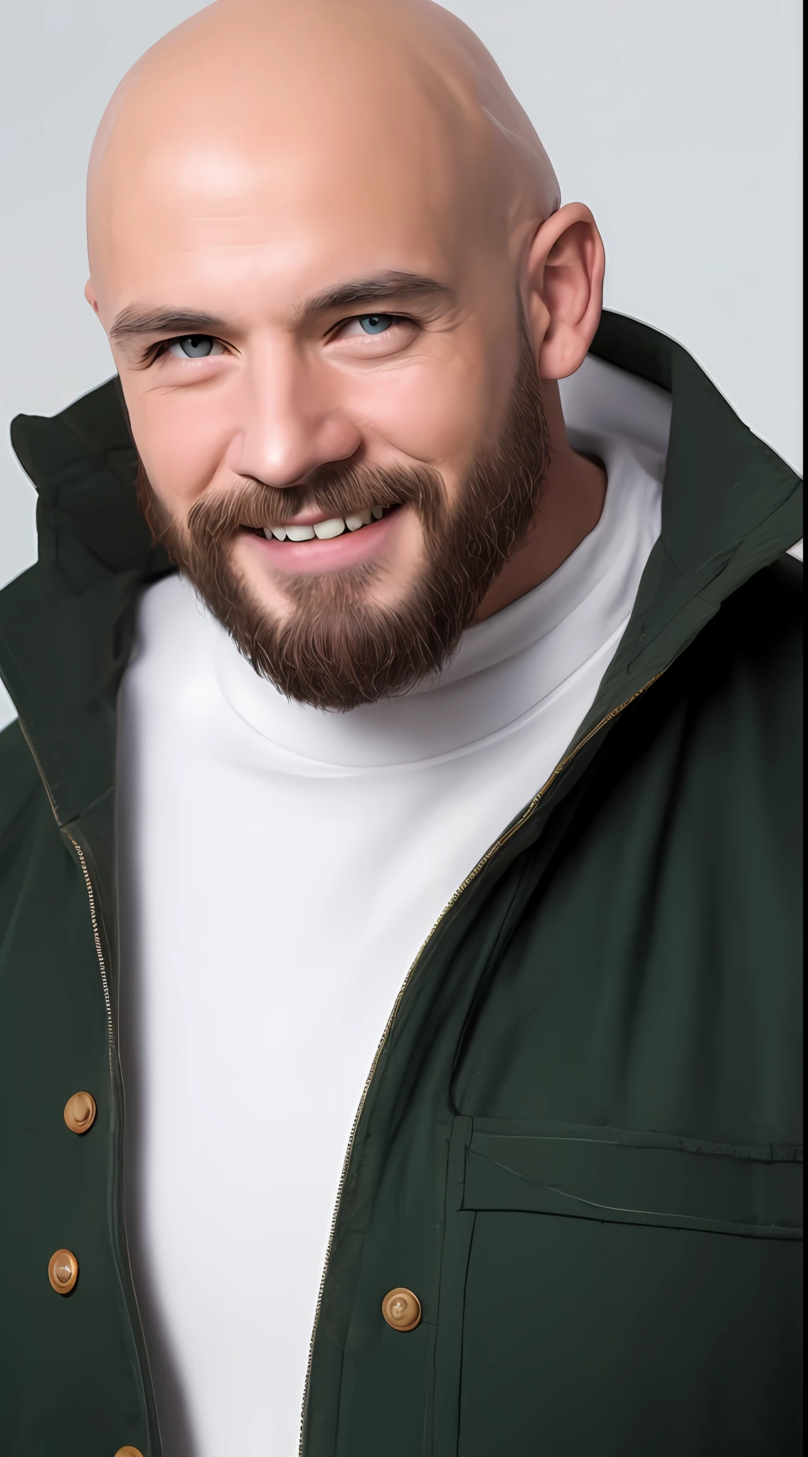 Best quality, realistic, award-winning illustration, (complicated detail: 1.2), (fine detail), (complicated detail), (cinematic lights, best quality), sharp lines, sharp focus, official art, 16k, on a white background, (A man with a smiling face: 1.3), a playful young boss, there is a man with a bald head and beard, (bald short-beard: 1.3), bald head and smiling look, no beard and mustache,  about 35 years, (38 years), men of 45 years, without completely bald hair, (short goatee: 1.3), (face with fine details of wrinkles: 1.2), (details of the aged face: 1.2), (without beard: 1.3), (normal body without muscles: 1.3) (without muscles: 1.3), pronounced male characteristic, flirting with the camera. wearing black apron uniform with green, wearing cap, black cap and green details, wearing jeans, man posing for a photo, holding a huge can of creamy dulce de leche, dulce de leche pouring, splattering dulce de leche, explosion dulce de leche, all-white background, headshot profile picture, posing for a photo.