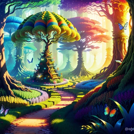 fantasy, 3D, anthill made of colorful caterpillar, mystic forest in background, colorful butterflies around