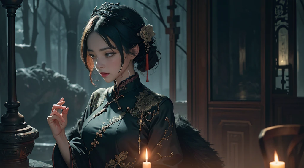 Official Art, Unity 8k wallpaper, super detailed, beautiful, beautiful, masterpiece, best quality,
dark, atmospheric, mystical, romantic, creepy, literature, art, fashion, showa era, decoration, intricacies, jade artifacts, lace, contemplation, emotional depth, supernatural, cheongsam
1 girl, solo, neck, bust composition