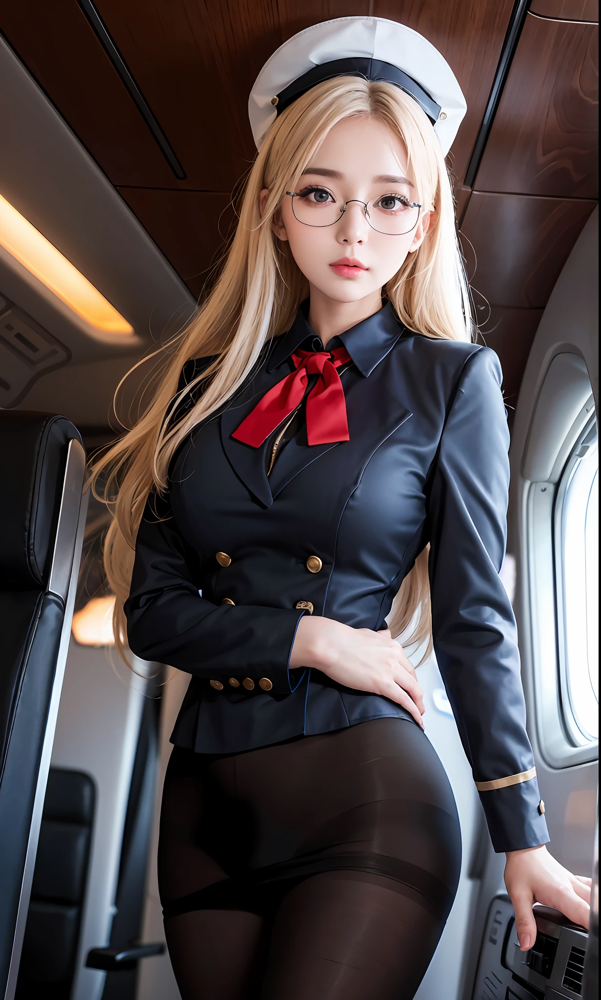 ulzzang-6500-v1.1, (raw photo:1.2), (photorealistic:1.4), beautiful detailed girl, very detailed eyes and face, beautiful detailed eyes, ridiculous, incredibly ridiculous, huge file size, super detailed, high resolution, very detailed, best quality, masterpiece, kemomimi, ((flight attendant outfit)), illustration, very detailed, CG, unified, 8k wallpaper, amazing, fine details , masterpiece, best quality, very detailed CG uniform 8k wallpaper, light on face, movie lighting, 1girl, 16 years old, white hair, side split, (no hat), (no panties)), (with glasses), ((dynamic pose))), (camel toe), (half), (pantyhose), (pantyhose and legs))