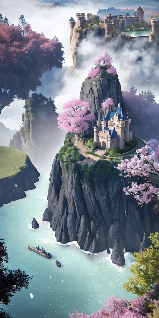 ((Castle Castle)), Simulation Style, Chroma V5, nvinkpunk, (Very Detailed CG Unified 8k Wallpaper), Majestic River, Trees on Both sides, Cascades, Dense Fog, Award Winning Photography, Chromatic Aberration, Detailed, HDR, Bloom, Monet-style images, Pissarro and Sisley, Trends on ArtStation, Trends on CGSociety, Art of Midjourney