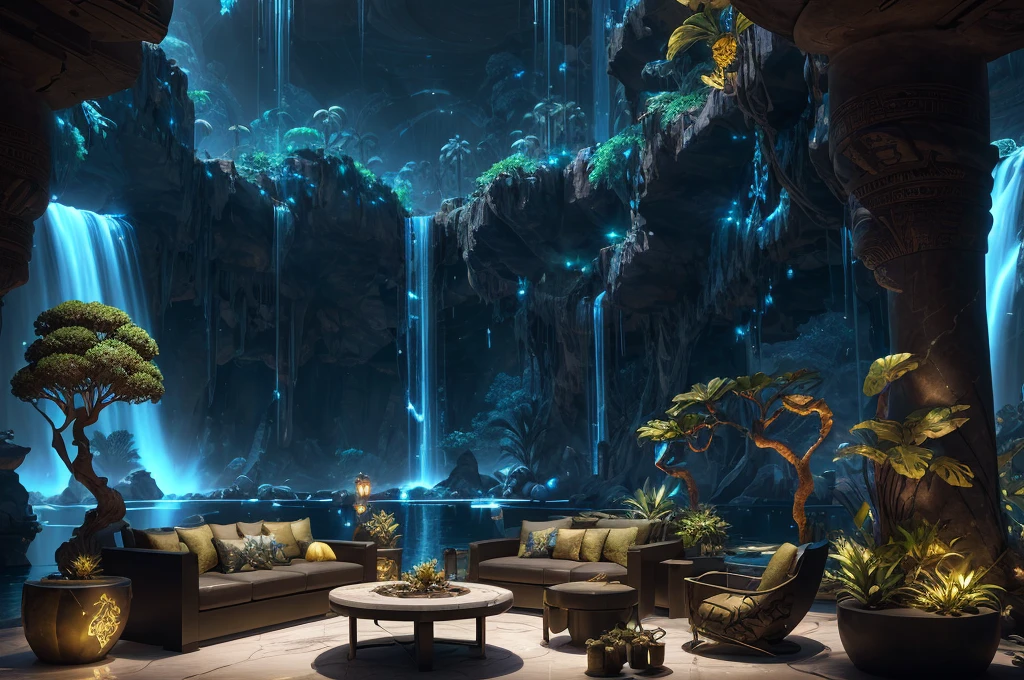 incredible Avatar film-inspired luxurious futuristic living room interior in Ancient Egyptian style with many ((lush plants)) (lotus flowers), ((palm trees)), rocky walls, (sand), ((waterfalls)) (marble), ((precious minerals)), ((metals)), (gemstones), crystals, clouds and ((water)), (hieroglyphics), ((trees and plants made out of gemstones and precious minerals and lights)), crocodiles, (((ultra luxury))), (black marble) – with ((beautiful lights)), Unreal Engine, HQ, 16k