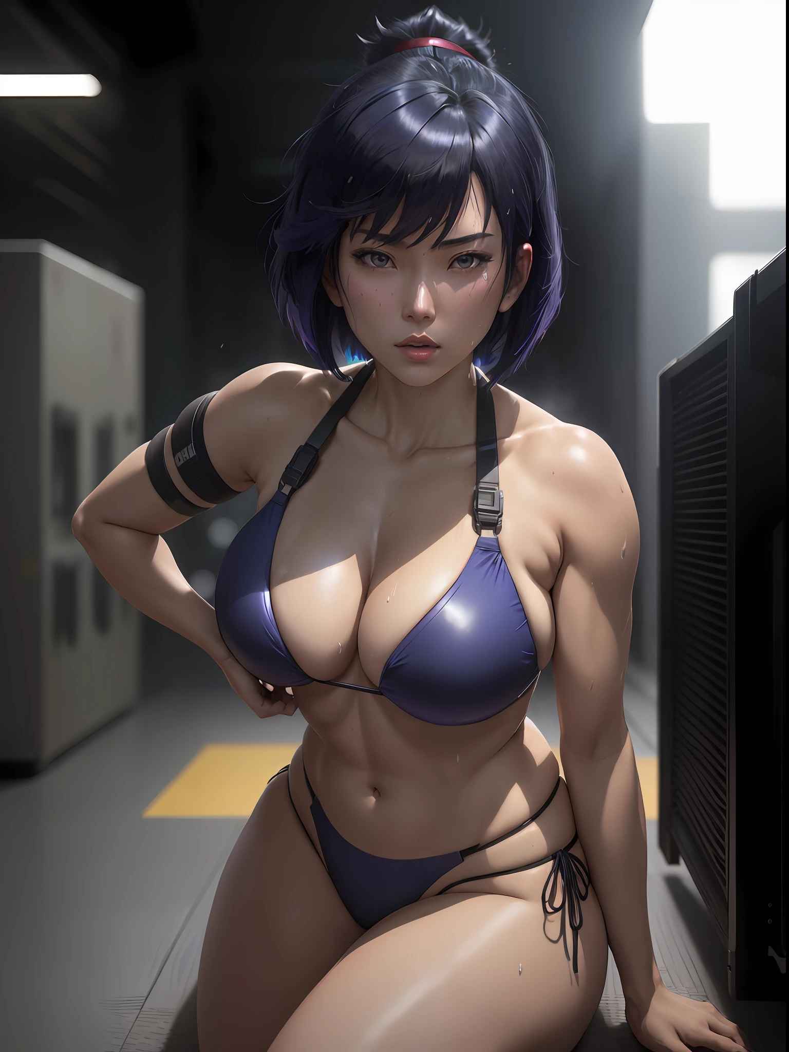 Motoko Kusanagi from anime Ghost in the Shell, inverted bob hair, dark blue hair, ponytail, bikini, sweating, exhausted, intricate detail, depth of field, cinematic lighting, backlighting, (masterpiece), (high details), award winning, high quality, best quality, 8k, push up on the floor, floor, looking at the viewer