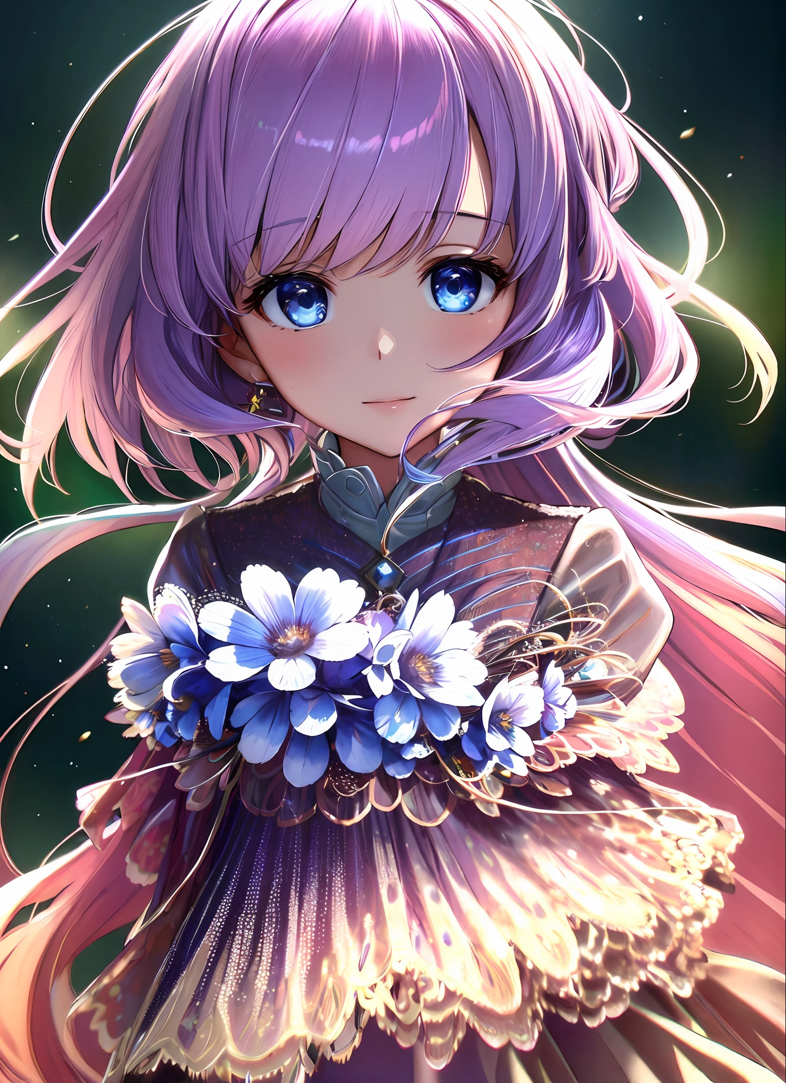 (masterpiece), (best quality), (ultra detailed),(shaggy hair),(illustration), (1girl), (fashionable clothes), standing, model, looking at the viewer, (interview), (simple background), beautiful detailed eyes, beautiful and delicate face, floating, (high saturation), (colorful splashes), colorful bubble, (bright), focus on face, ponytail, kamisato ayaka, light purple hair, bangs, hair ring, floating flowers, floating hair, (bright), better lighting, better shade,