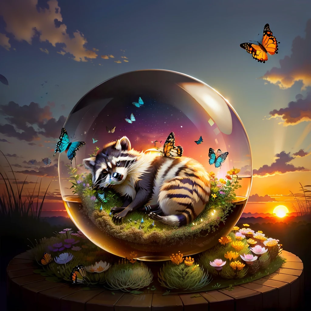 sleeping raccoon on a glass anthill, realistic, butterflies, sunset