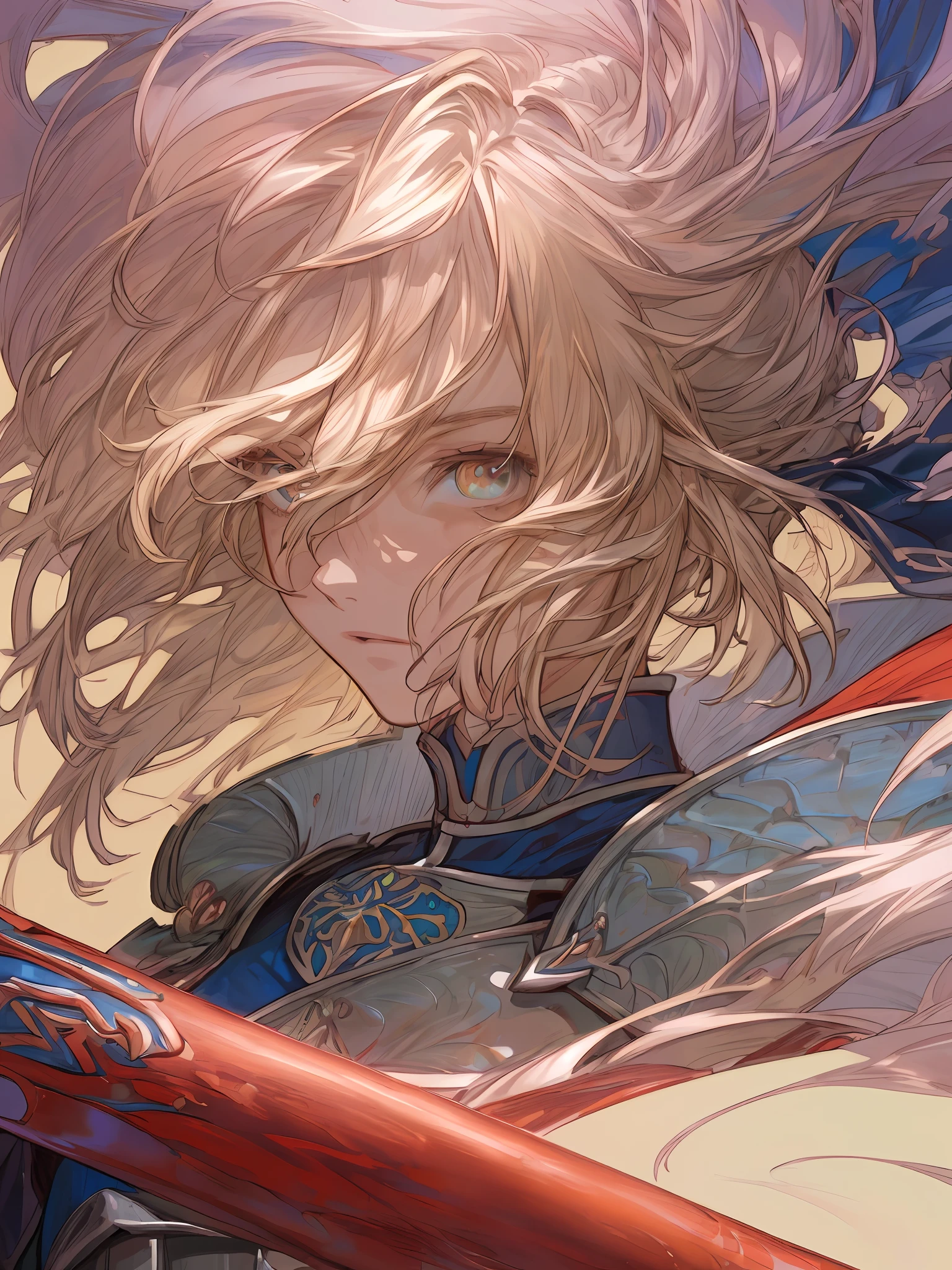 masterpiece, best quality, highres, ultra-detailed, artbook, anime coloring, CG, illustration , fantasy, 1girl, solo, blood, male focus, looking at viewer, artoria pendragon \(fate\), armor, detailed beautiful face and eyes, floating hair, simple background, illustration, photorealistic, beautifully drawn, vivid color