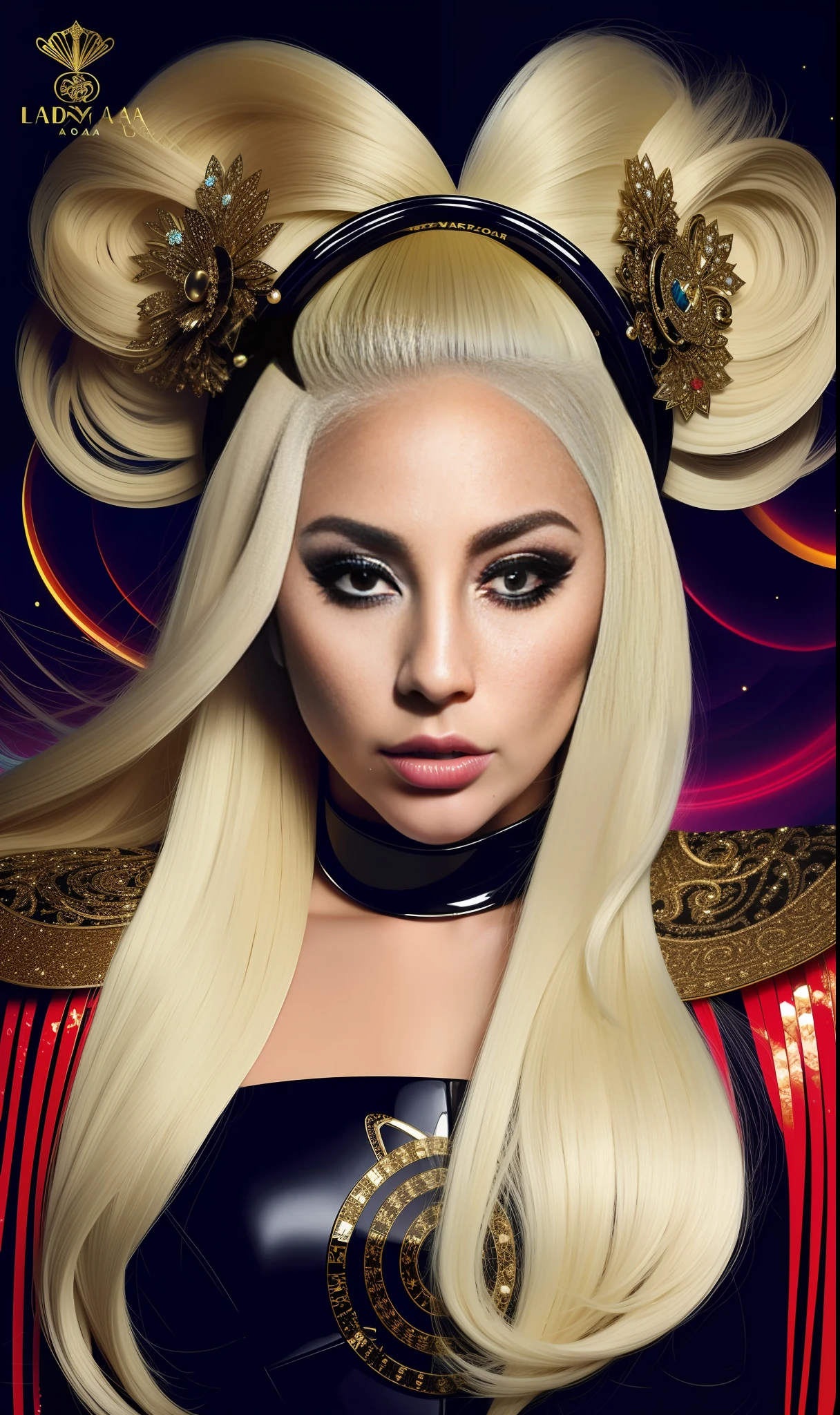 lady gaga with Versace Japanese print dress, 4K texture, long hair, high quality, extravagant hairstyle, original album cover, 8k image, futuristic, high image quality, at night, hair accessories, very realistic and defined face, 1.80 image quality, sharp image quality