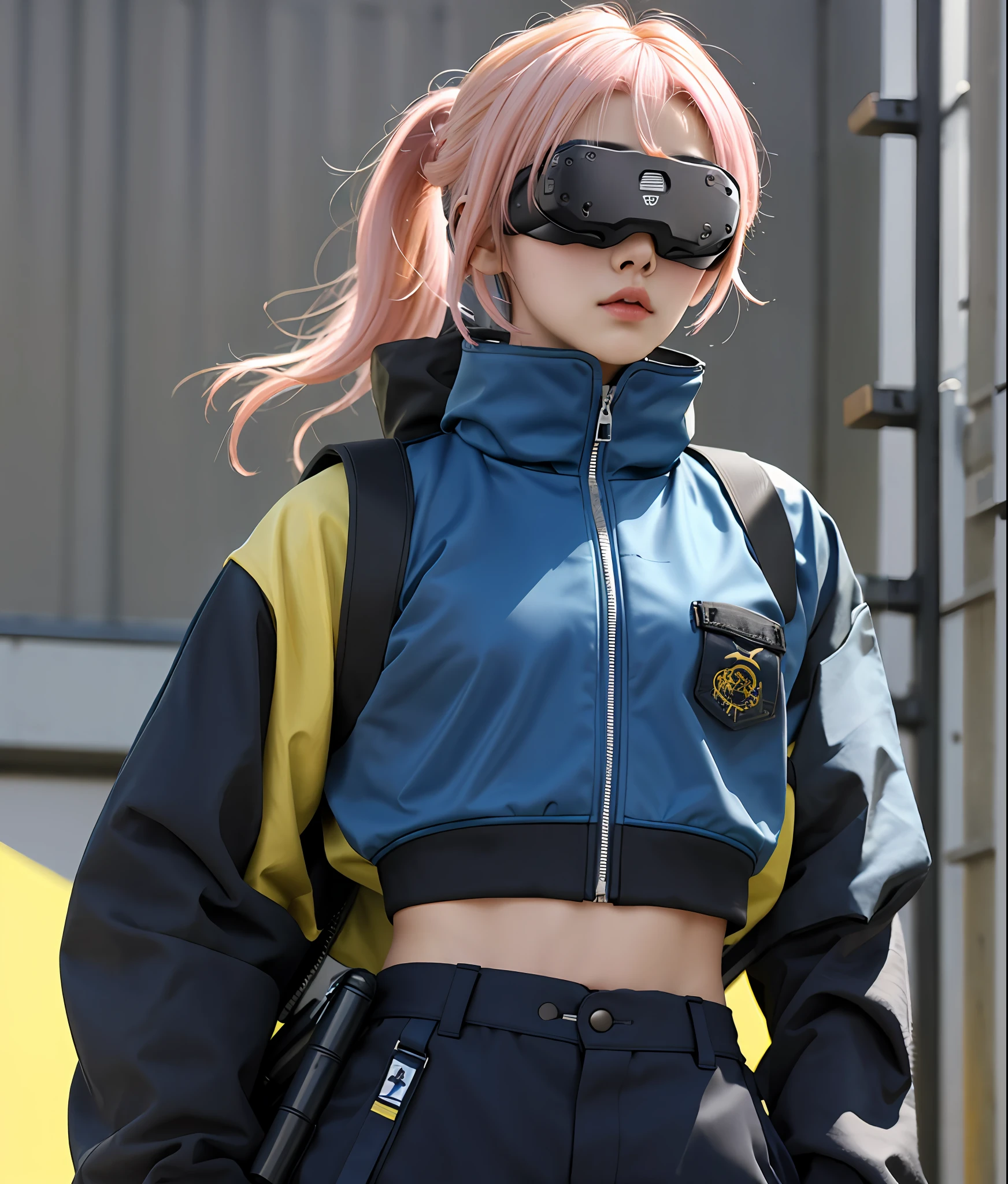 Close up face, half body, 18 year old girl, wearing Tank-top samurai girl, crop top, tech wear jacket with many pocket, tactical baggy pant with many pocket, ripped style fashion, wear backpack, katana, samurais, 1 girl, solo, half body view, perfect face, yellow hair, pink hair, Vr samurai, vr glasses, blue and yellow techwear, techwear japan, hyper realistic, film grain