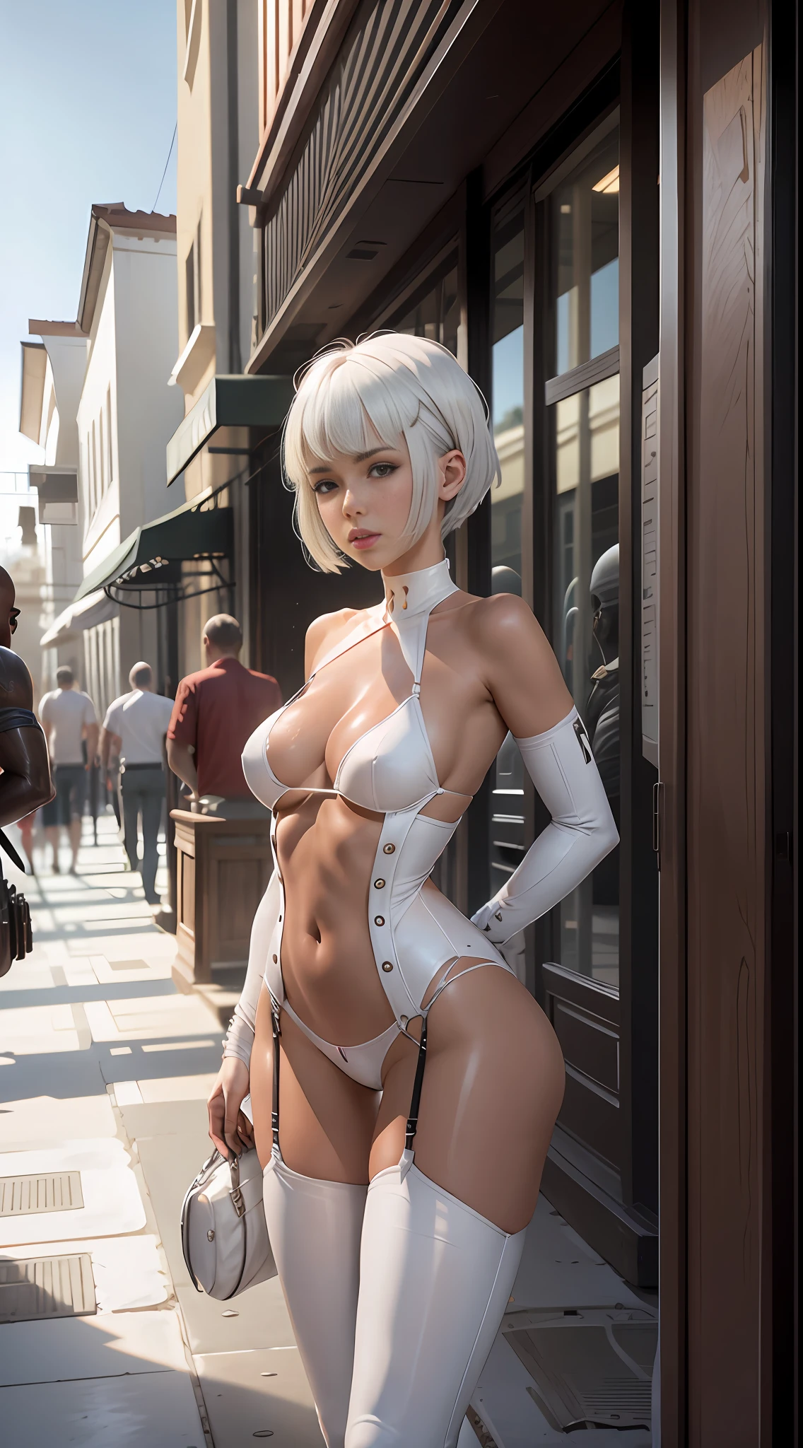 Concept art, sexy girl, white haircut, extremely details, t-pose, 3 view frames, public hair, rear view, micro bikini, oily skin