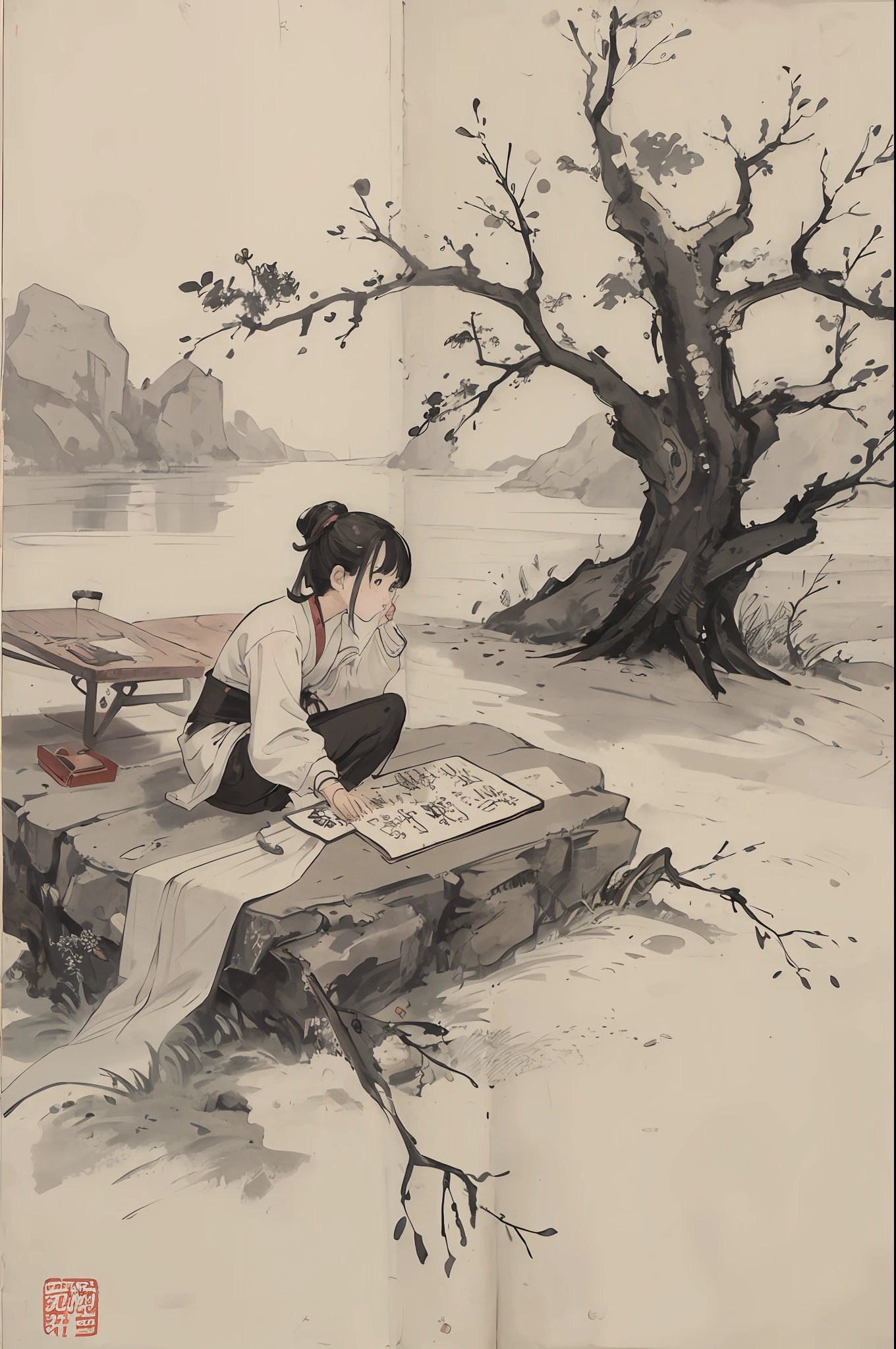 (Masterpiece, best quality: 1.2), traditional Chinese ink painting, a  writing with a brush