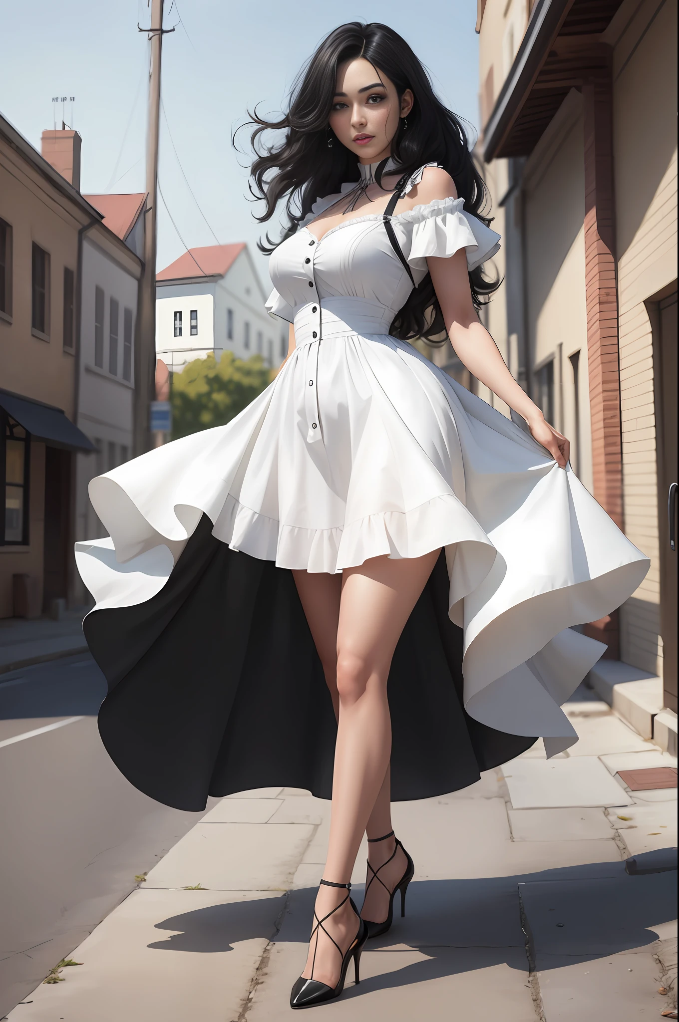 8k, best quality, masterpiece, highly detailed, semi realistic, 1 girl, 25 years old, black hair, windy, white dress school, high heels