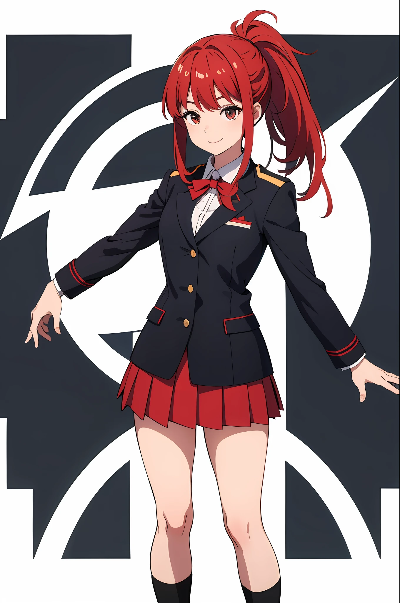 masterpiece, Best quality, One girl, standing, Full body, Soft, Super clear, High definition images, (Front), (White background)), Middle chest, Red hair, Ponytail, Black uniform blazer, Skirt, Strong,beautiful, Fun, Smile