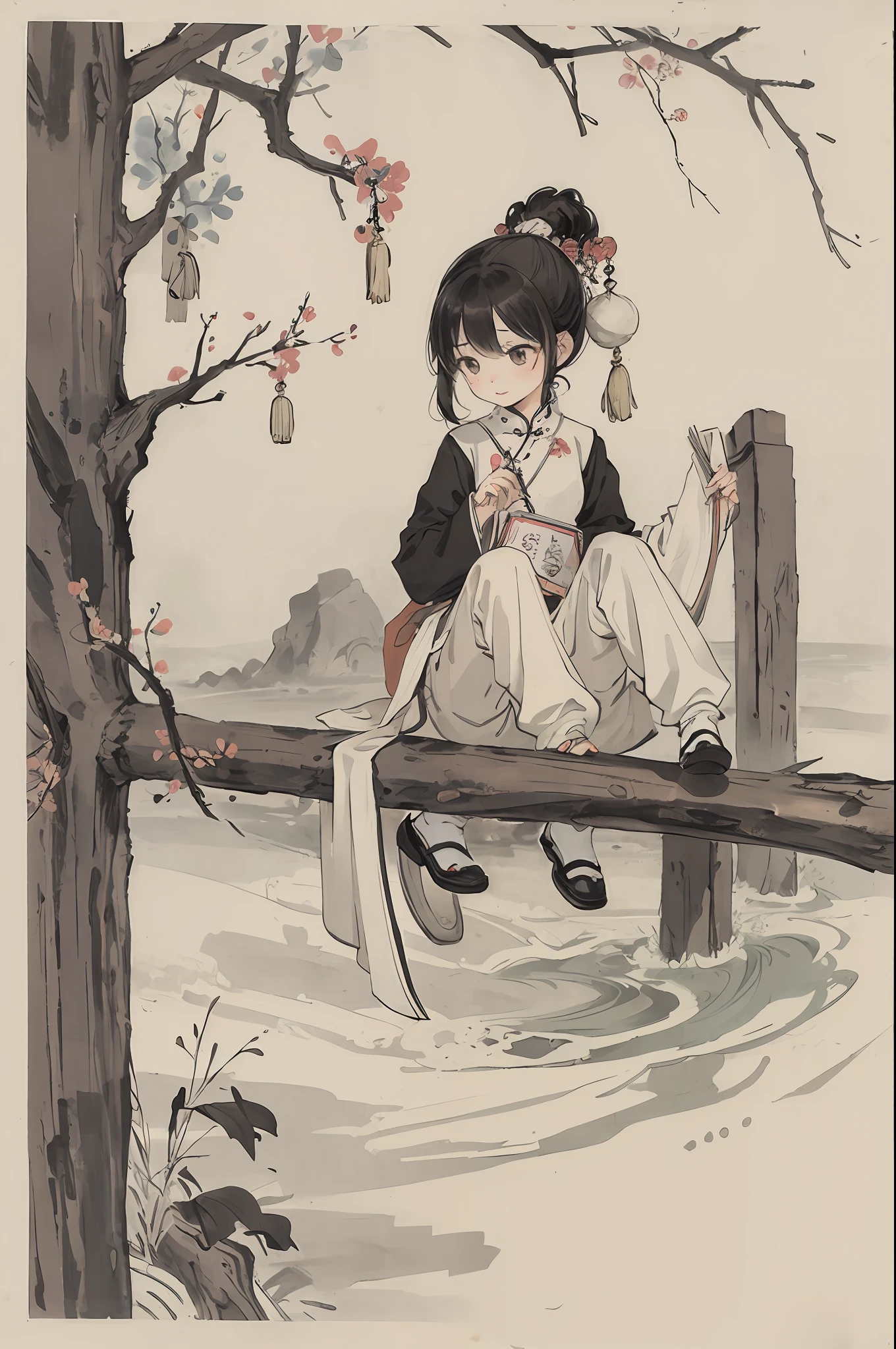(Masterpiece, best quality: 1.2), traditional Chinese ink painting, child reading a book