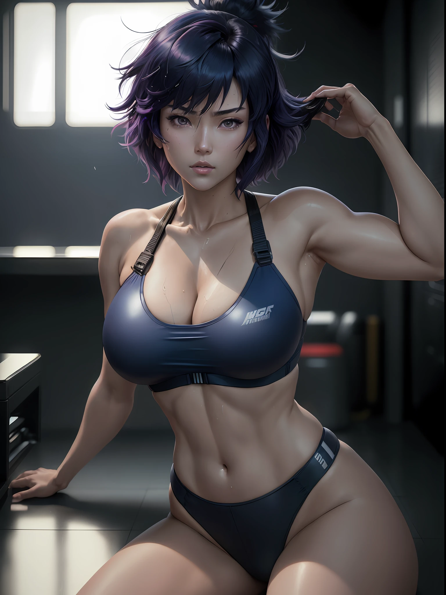 Motoko Kusanagi from anime Ghost in the Shell, inverted bob hair, (messy hair:1.2), dark blue hair, ponytail, fitness bikini, sweating, exhausted, intricate detail, depth of field, cinematic lighting, backlighting, (masterpiece), (high details), award winning, high quality, best quality, 8k, sitting, floor, looking at the viewer, romantic