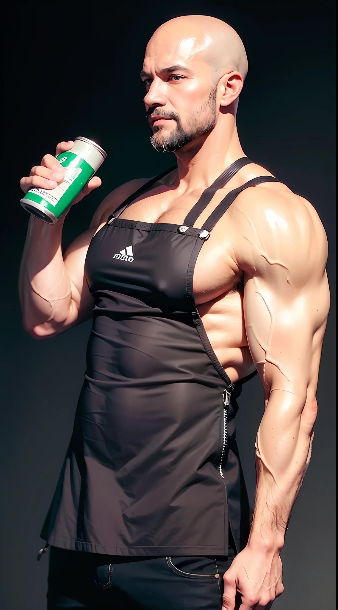 Best quality, realistic, award-winning illustration, (complicated detail: 1.2), (fine detail), (complicated detail), (cinematic lights, best quality), sharp lines, sharp focus, official art, 16k, on a white background, (A man with a smiling face: 1.3), a playful young boss, there is a man with bald head without beard, (bald short-bearded: 1.3), bald head and smiling look, without beard,  about 35 years, (38 years), men of 45 years, without completely bald hair, (short goatee: 1.3), (face with fine details of wrinkles: 1.2), (details of the aged face: 1.2), (without beard: 1.3), (normal body without muscles: 1.3) (without muscles: 1.3), pronounced male characteristic, flirting with the camera. wearing black apron uniform with green, wearing cap, black cap and green details, wearing jeans, man posing for a photo, holding a huge can of creamy dulce de leche, dulce de leche pouring, splattering dulce de leche, explosion dulce de leche, all-white background, headshot profile picture, posing for a photo.