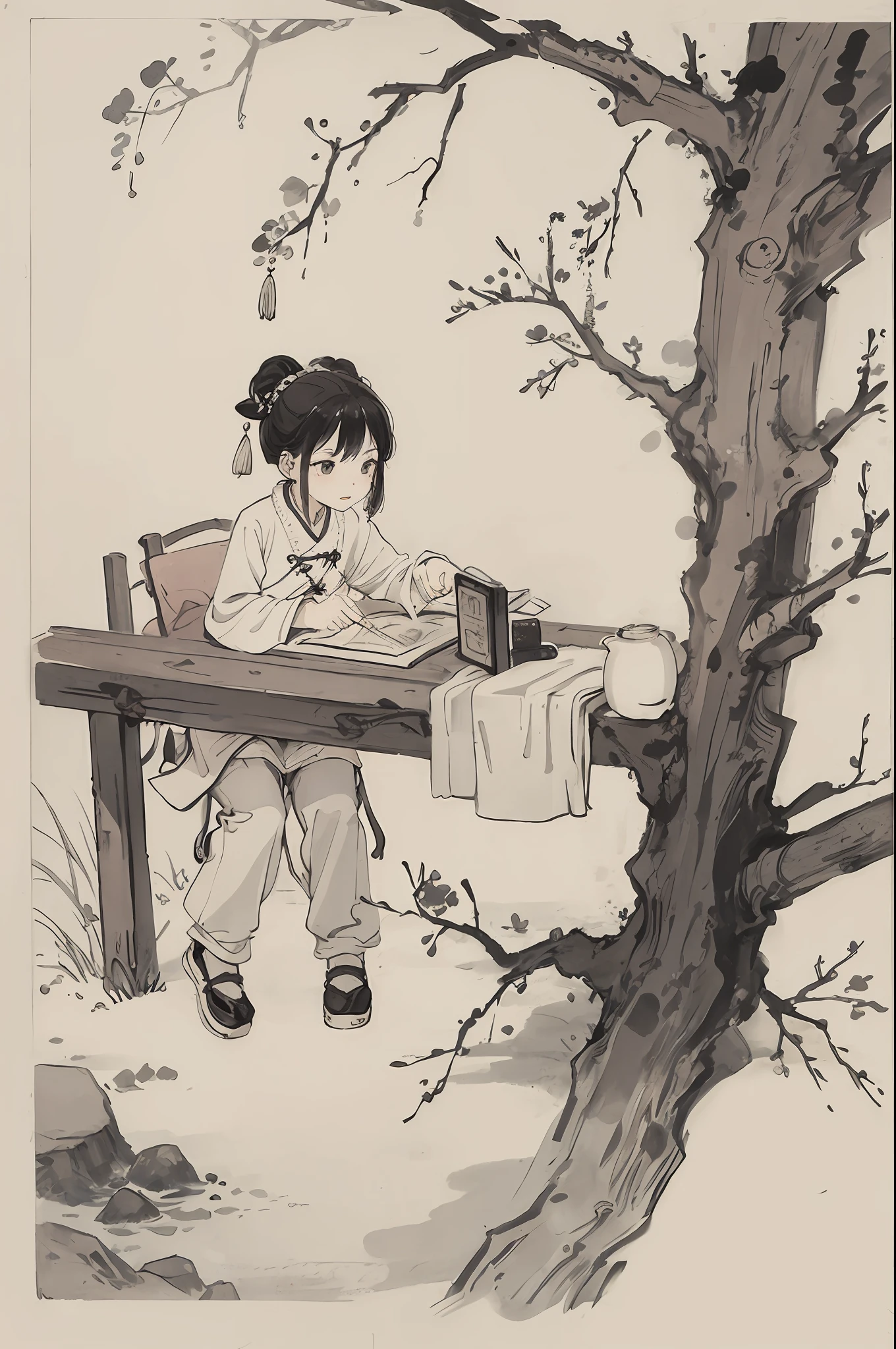 (Masterpiece, best quality: 1.2), traditional Chinese ink painting, child reading a book