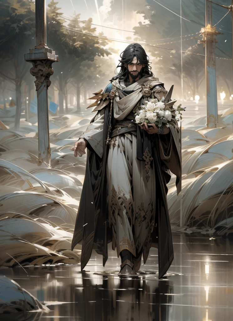 jesus walking on water in a storm, masterpiece, best quality, high quality, extremely detailed CG unit 8k wallpaper, award winning photography, Bokeh, Depth of Field, HDR, bloom, Chromatic aberration, photorealistic, extremely detailed, trending on artstation, trending on CGsociety, intricate, high detail, dramatic, mid-journey art, volumetric lighting