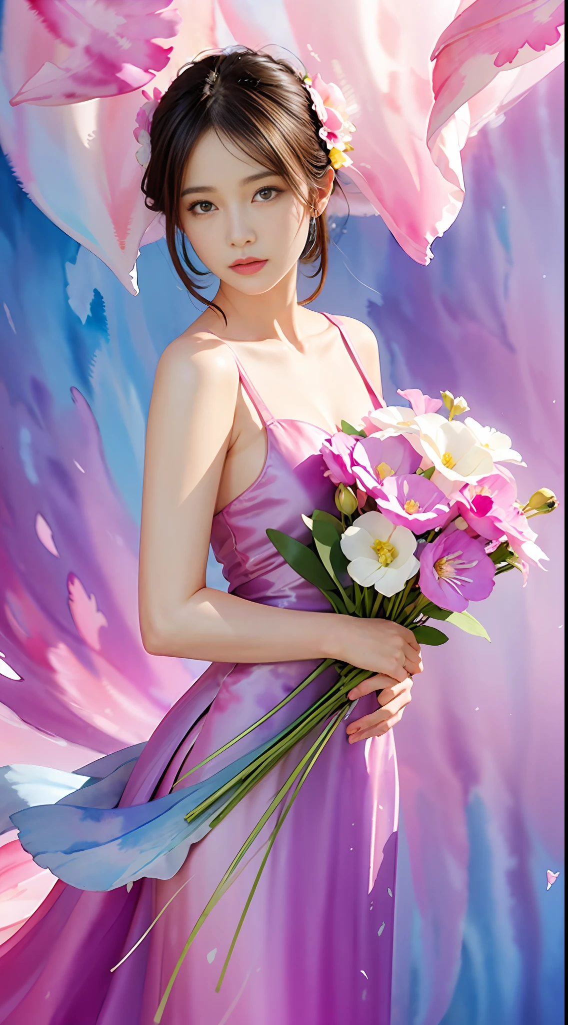 1girl,flower, Lisianthus ,in the style of light pink and light azure, dreamy and romantic compositions, pale pink, ethereal foliage, playful arrangements,fantasy, high contrast, ink strokes, explosions, over exposure, purple and red tone impression , abstract, ((watercolor painting by John Berkey and Jeremy Mann )) brush strokes, negative space,