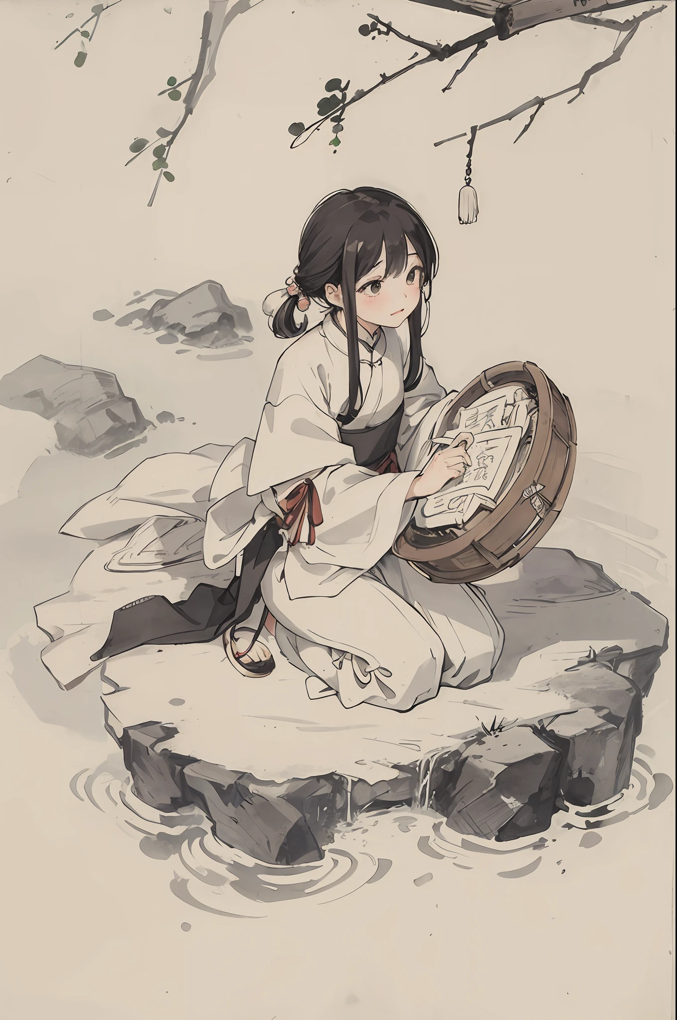 (Masterpiece, best quality: 1.2), traditional Chinese ink painting, a child, a bamboo basket