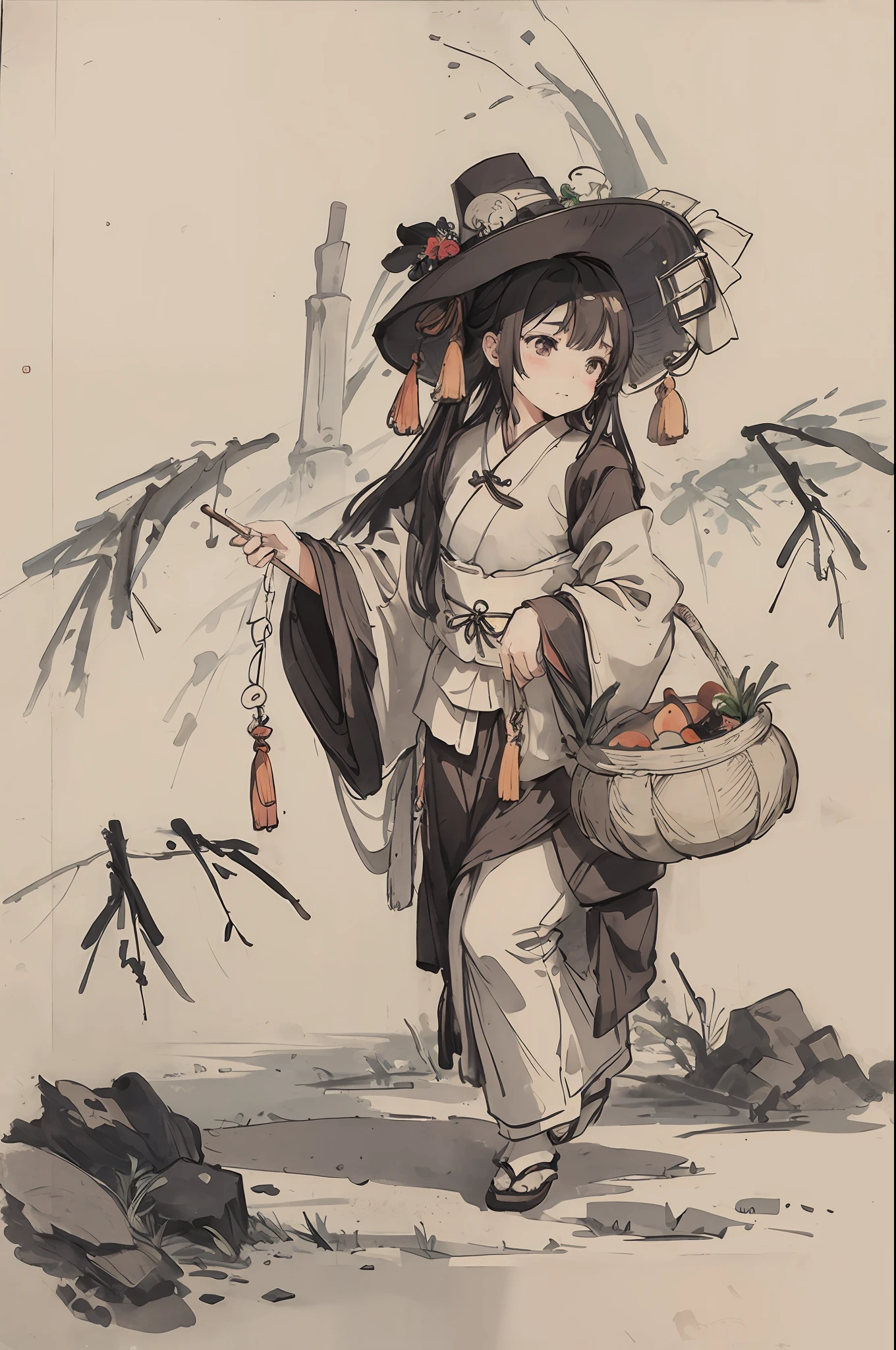 (Masterpiece, best quality: 1.2), traditional Chinese ink painting, a child, a bamboo basket