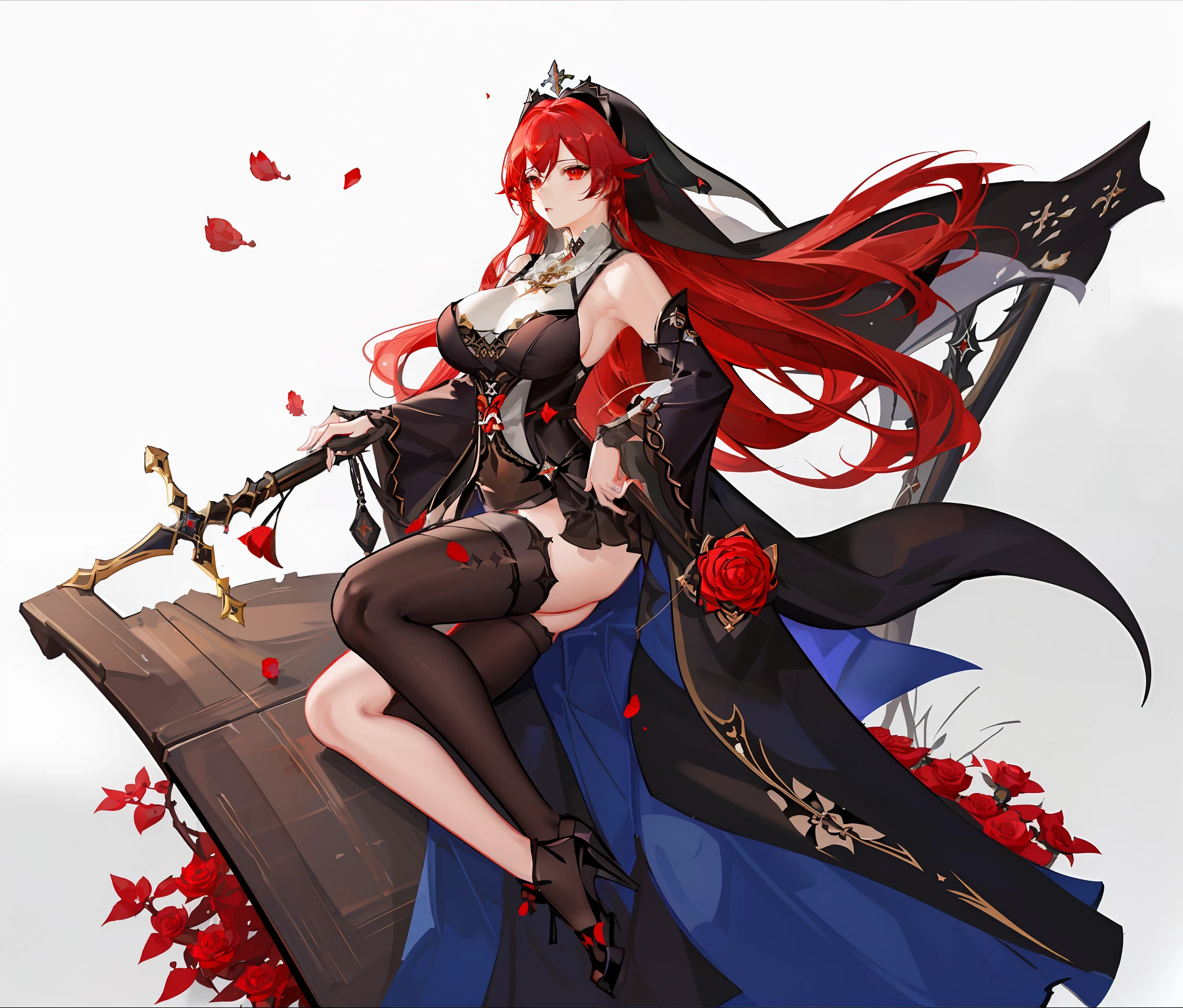 "((Rosaria Genshin Impact)), ultra high res, best quality, 8k resolution, 1girl, ray tracing, intricate details, (simple) and pretty background, vivid roses, (stunning) red hair, (huge breasts), wide hips, (piercing) red eyes, nun in an intricate pose.", BalenciagaStyle