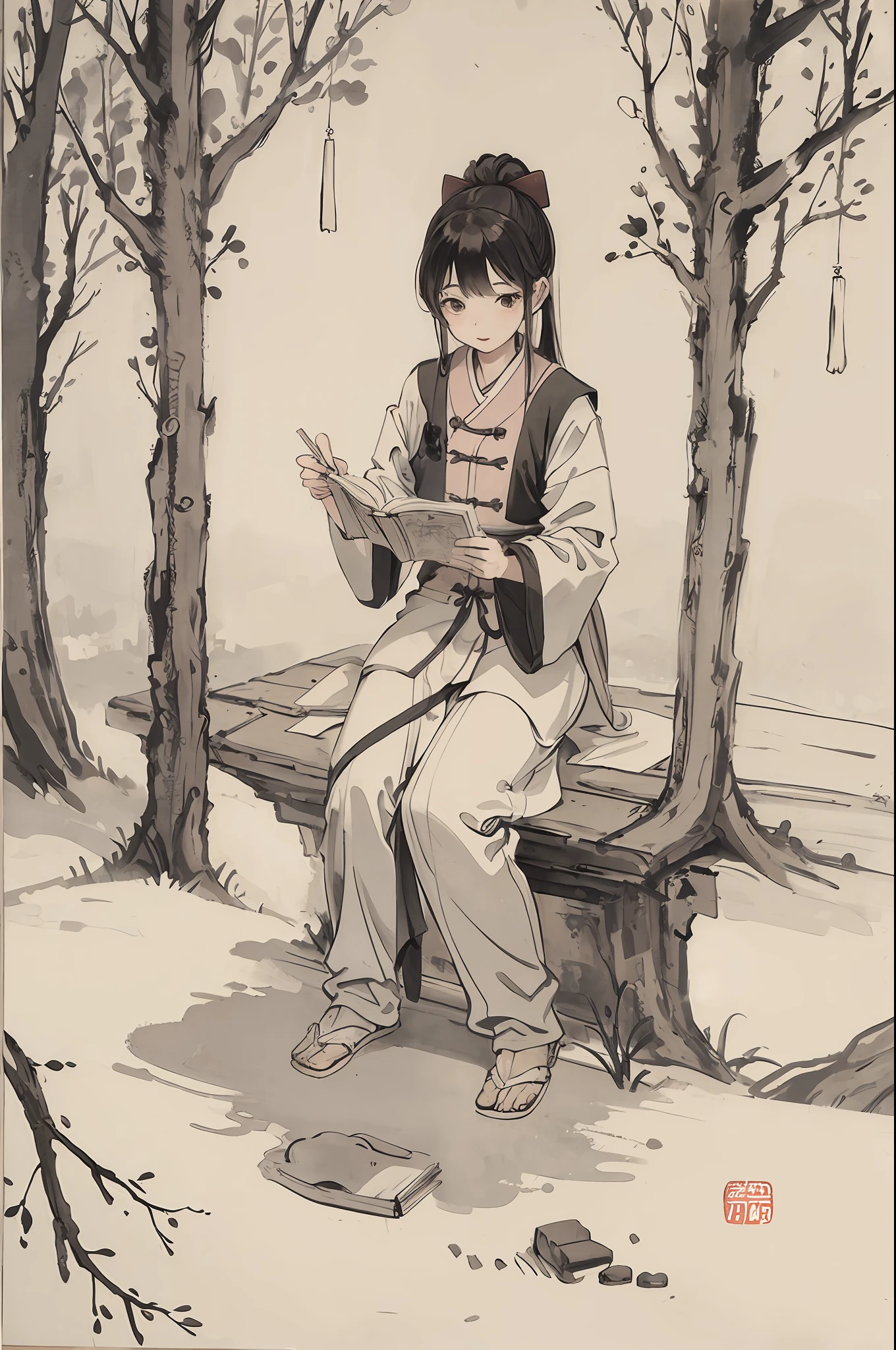(Masterpiece, best quality: 1.2), traditional Chinese ink painting, child reading a book