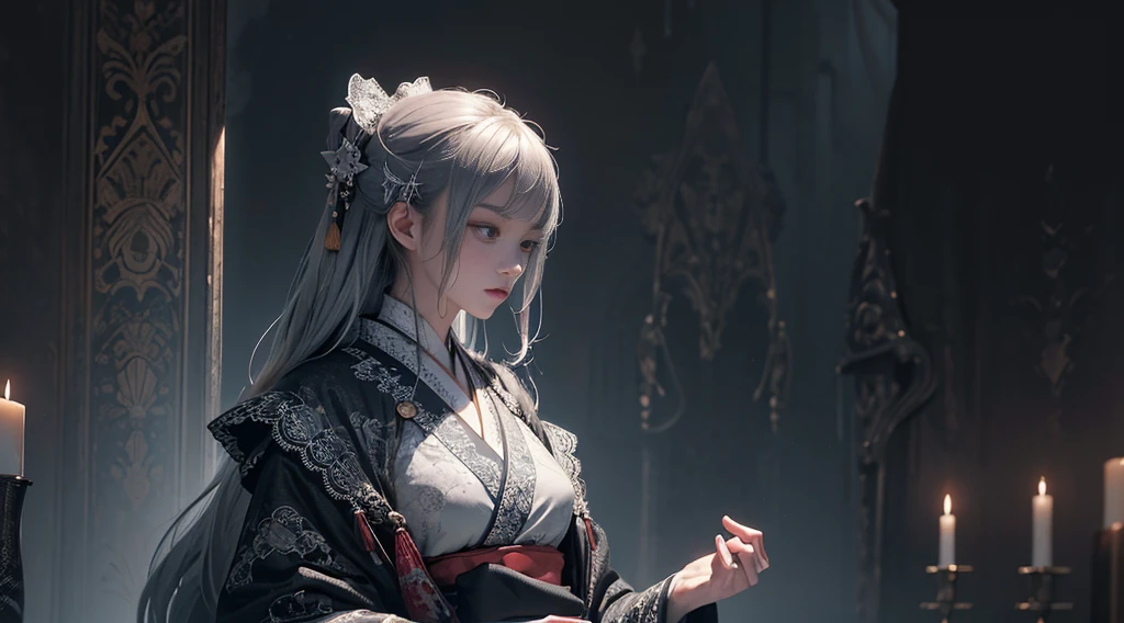 Official Art, Unity 8k wallpaper, super detailed, beautiful, beautiful, masterpiece, best quality,
dark, atmospheric, mystical, romantic, creepy, literature, art, fashion, showa era, decoration, intricacies, silverwork, lace, contemplation, emotional depth, supernatural, kimono
1 girl, solo, neck, bust composition