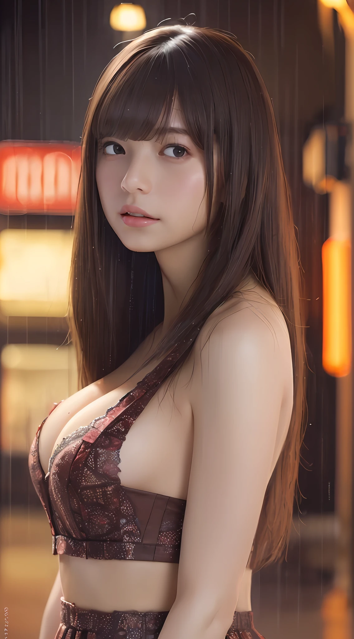 ((Best quality, 8k, Masterpiece :1.3)), A pretty clubs girl with perfect figure :1.4, Slender abs :1.3, ((Dark brown hair, Big breasts :1.2)), lace long dress, standing in rain, red light district , Highly detailed face and skin texture, Detailed eyes, Double eyelid