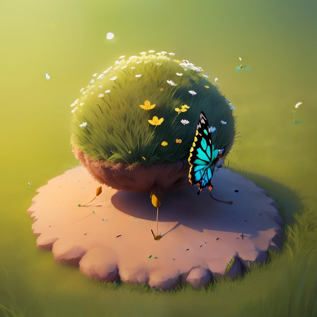 realistic. an anthill in the shape of a pasca, with green grass on top. small candy-like flowers scattered in the grass. A butterfly sits on the edge.