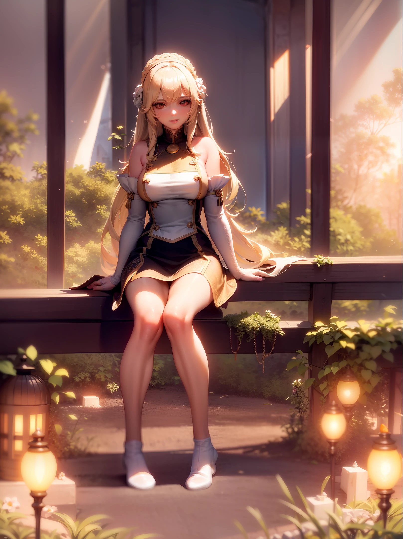 full figure, ultra realistic 8k cg, masterpiece, ((ultra detailed background, delicate pattern, intricate detail)), (highly detailed, fine details), best quality, (photorealistic:1.4), beautiful lighting, absurdres, RAW photo, film grain, 1girl,  blonde knee long hair, tight white boots, (priestess), parted lips, ((outside, daytime, garden, head down, sitting, windy, light rays, complex detailed background)), soft light, action scene, light seductive smile